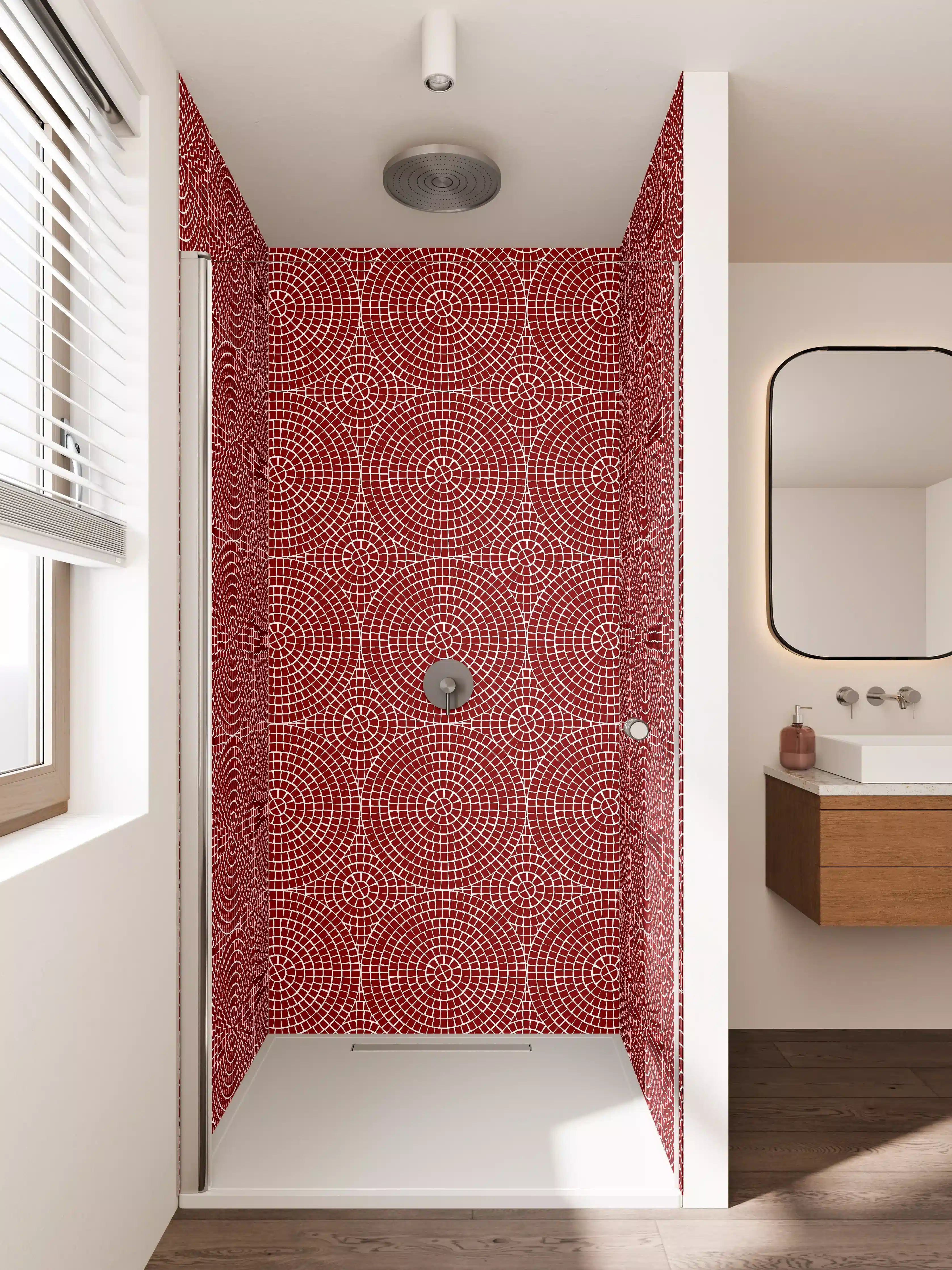 Duschrückwand - Geometrisches Kreisdesign in Rot