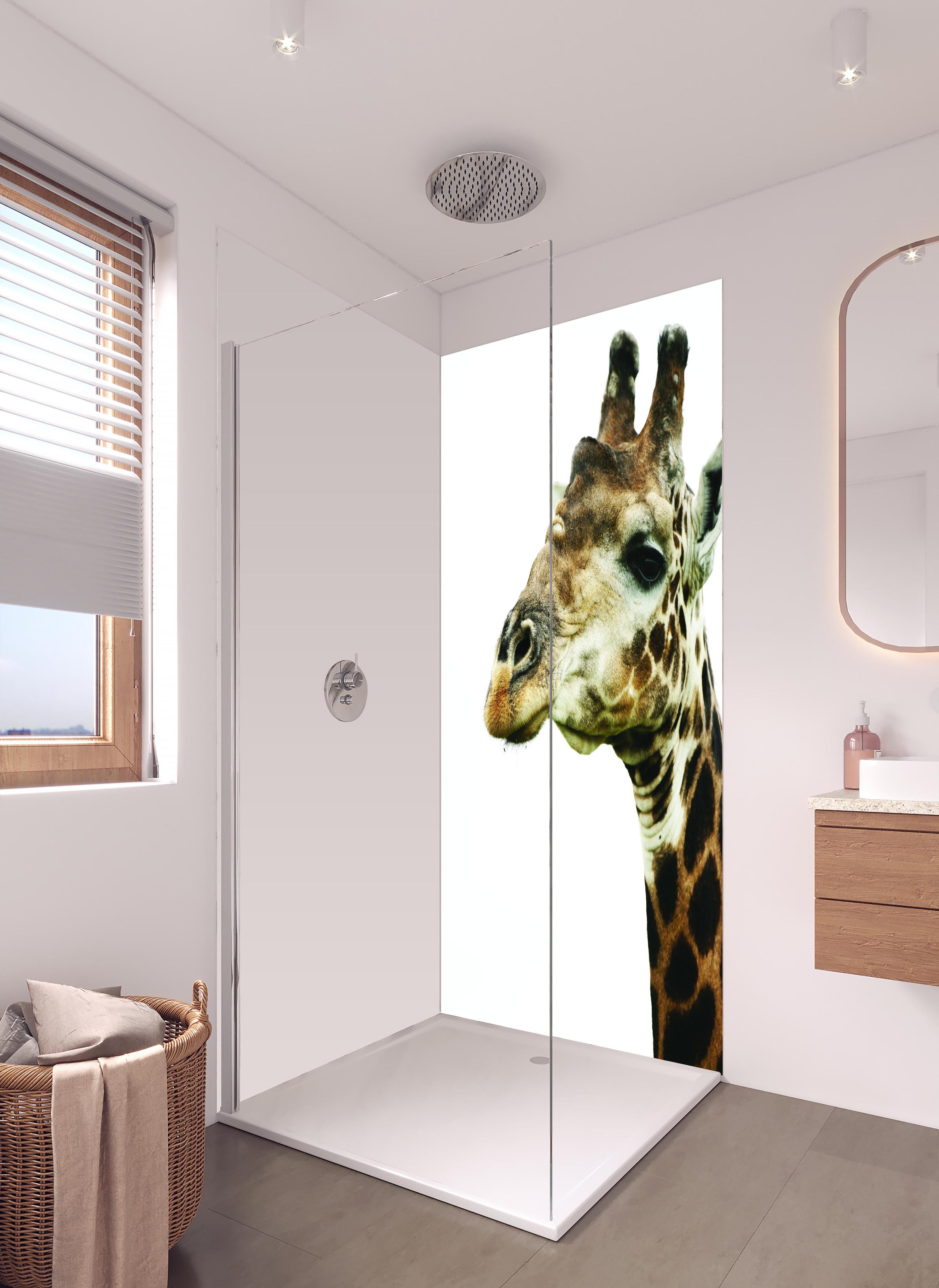 Duschrückwand - Giraffe - Nahaufnahme in hellem Badezimmer mit Regenduschkopf  - zweiteilige Eck-Duschrückwand