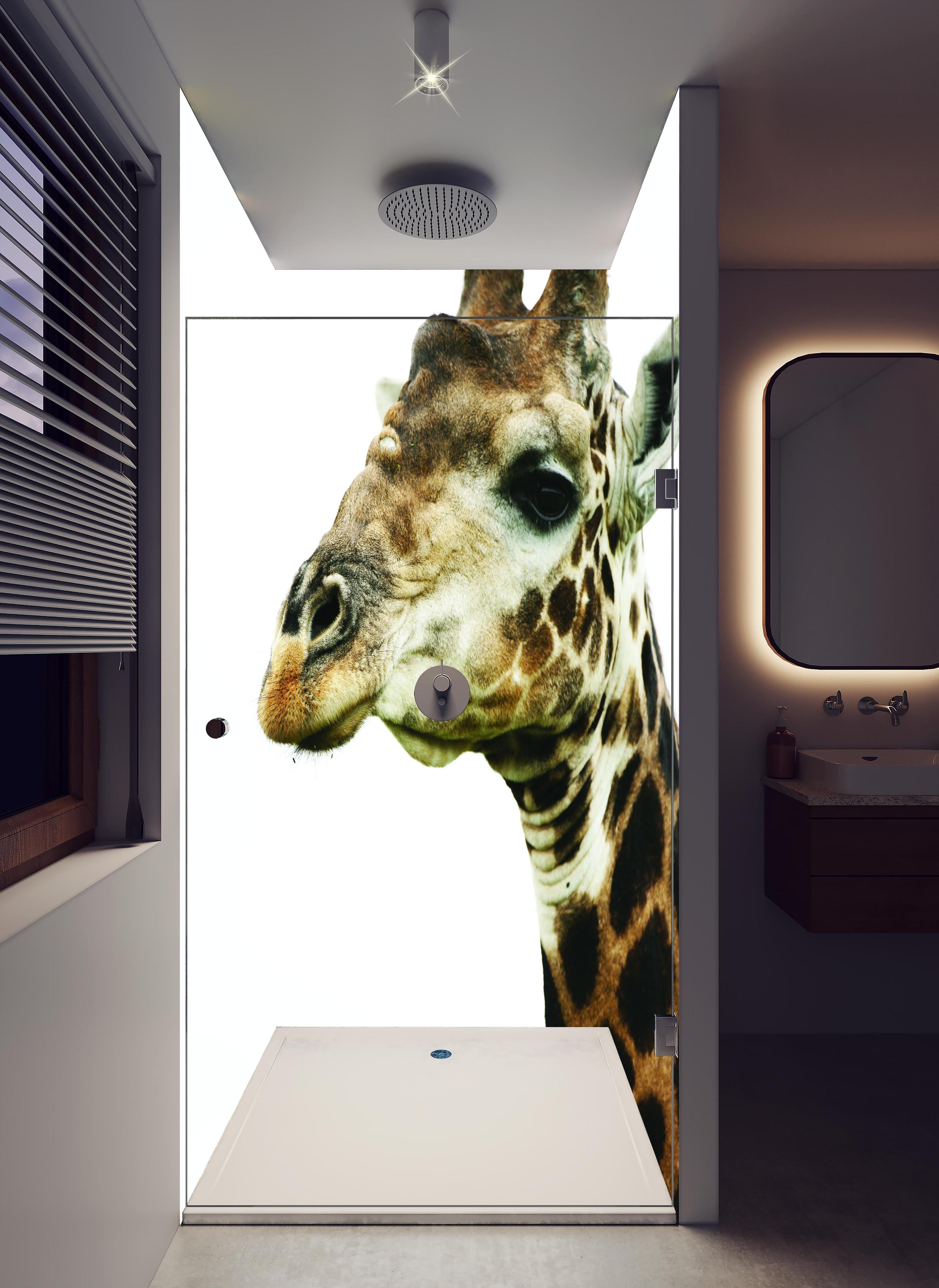 Duschrückwand - Giraffe - Nahaufnahme in hellem Badezimmer mit Regenduschkopf  - zweiteilige Eck-Duschrückwand