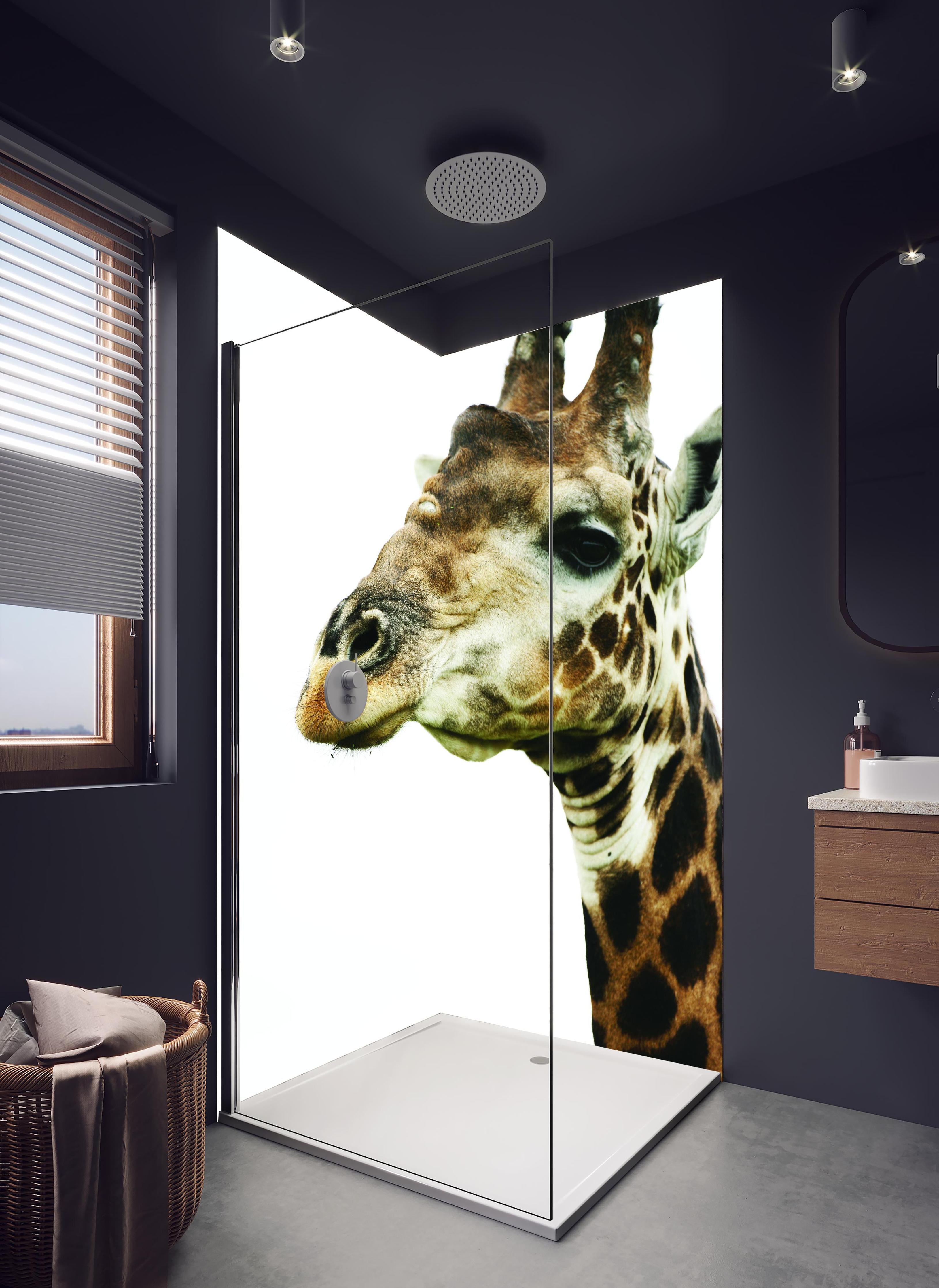 Duschrückwand - Giraffe - Nahaufnahme in hellem Badezimmer mit Regenduschkopf  - zweiteilige Eck-Duschrückwand