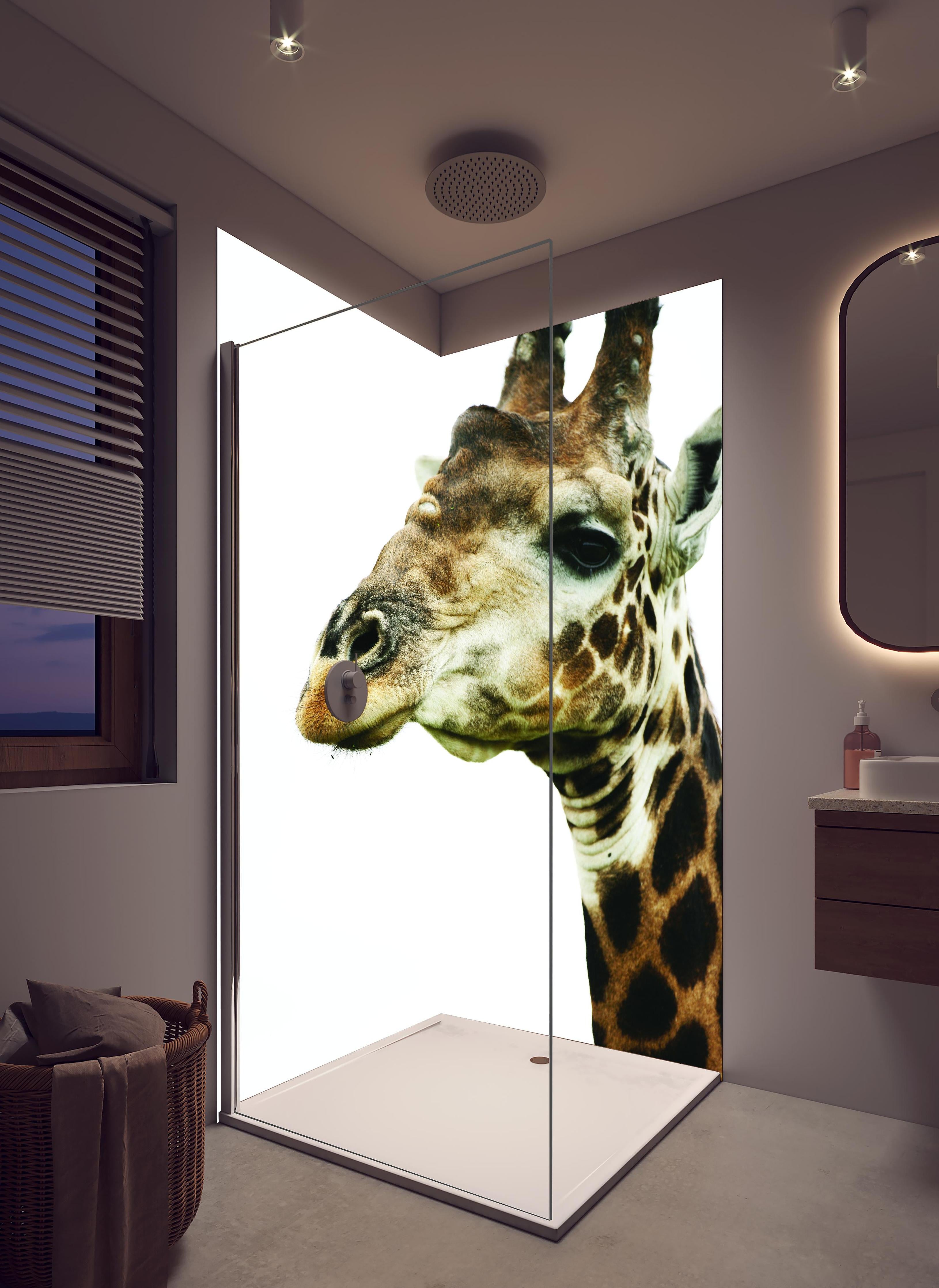 Duschrückwand - Giraffe - Nahaufnahme in hellem Badezimmer mit Regenduschkopf  - zweiteilige Eck-Duschrückwand