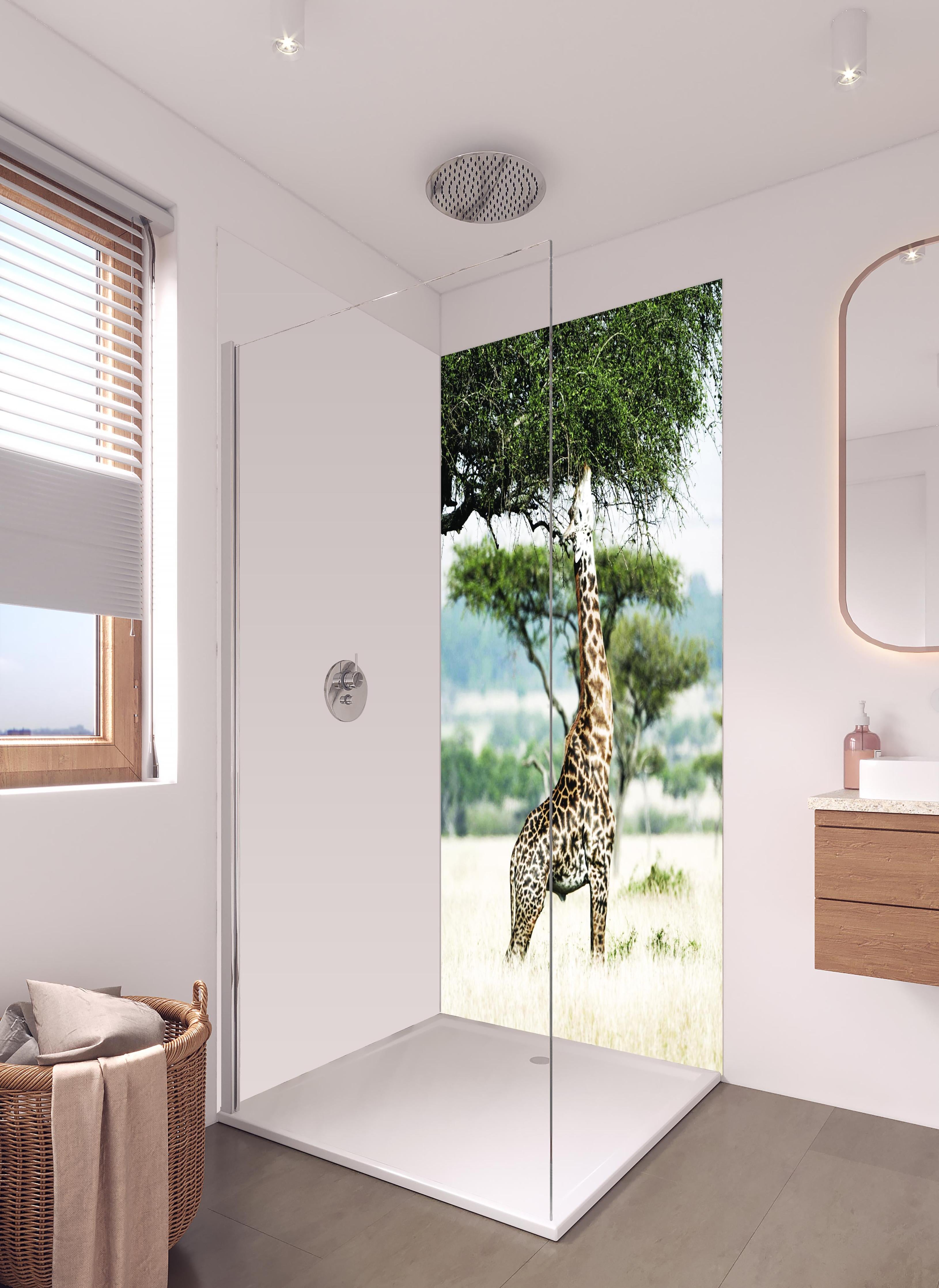 Duschrückwand - Giraffe in der Savanne in hellem Badezimmer mit Regenduschkopf  - zweiteilige Eck-Duschrückwand