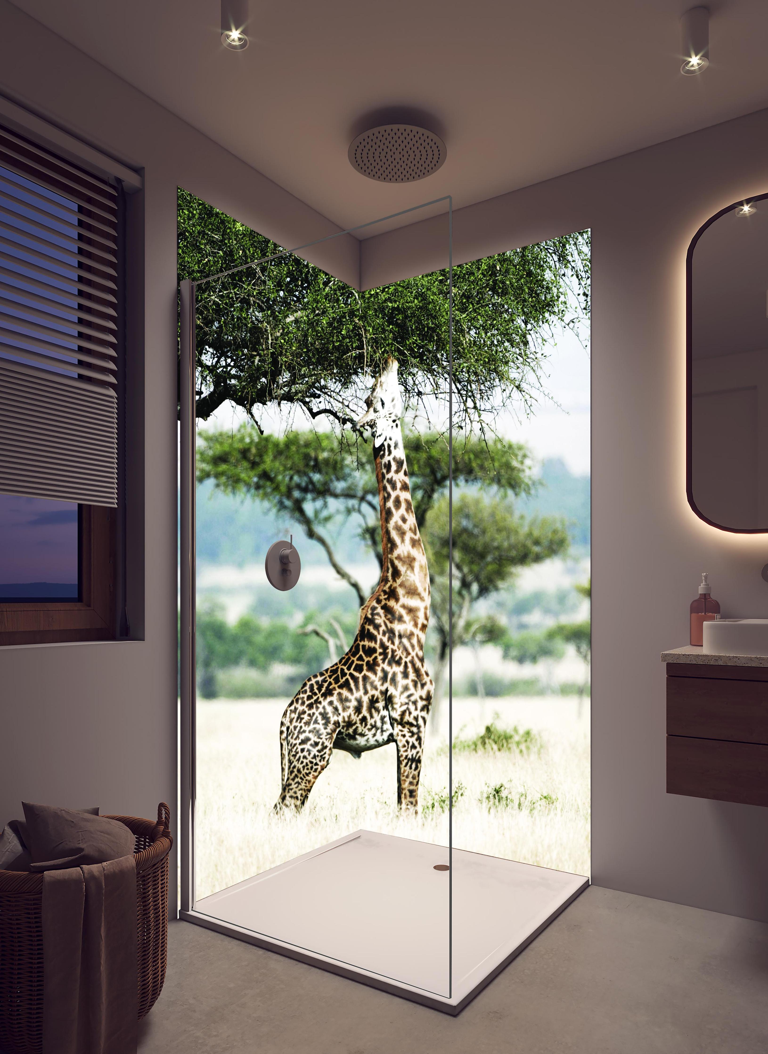 Duschrückwand - Giraffe in der Savanne in hellem Badezimmer mit Regenduschkopf  - zweiteilige Eck-Duschrückwand