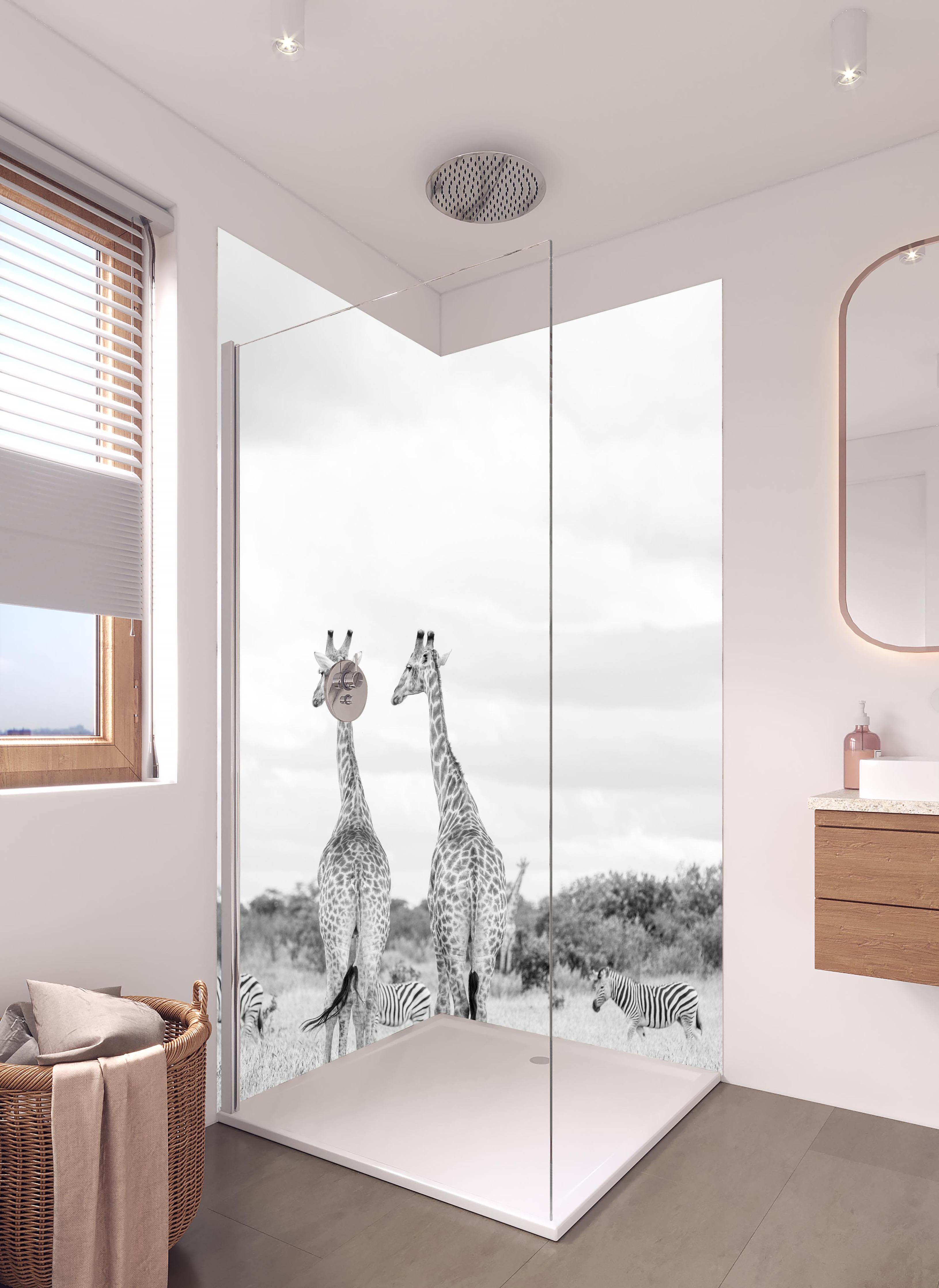 Duschrückwand - Giraffen und Zebras - schwarz-weiß in hellem Badezimmer mit Regenduschkopf  - zweiteilige Eck-Duschrückwand