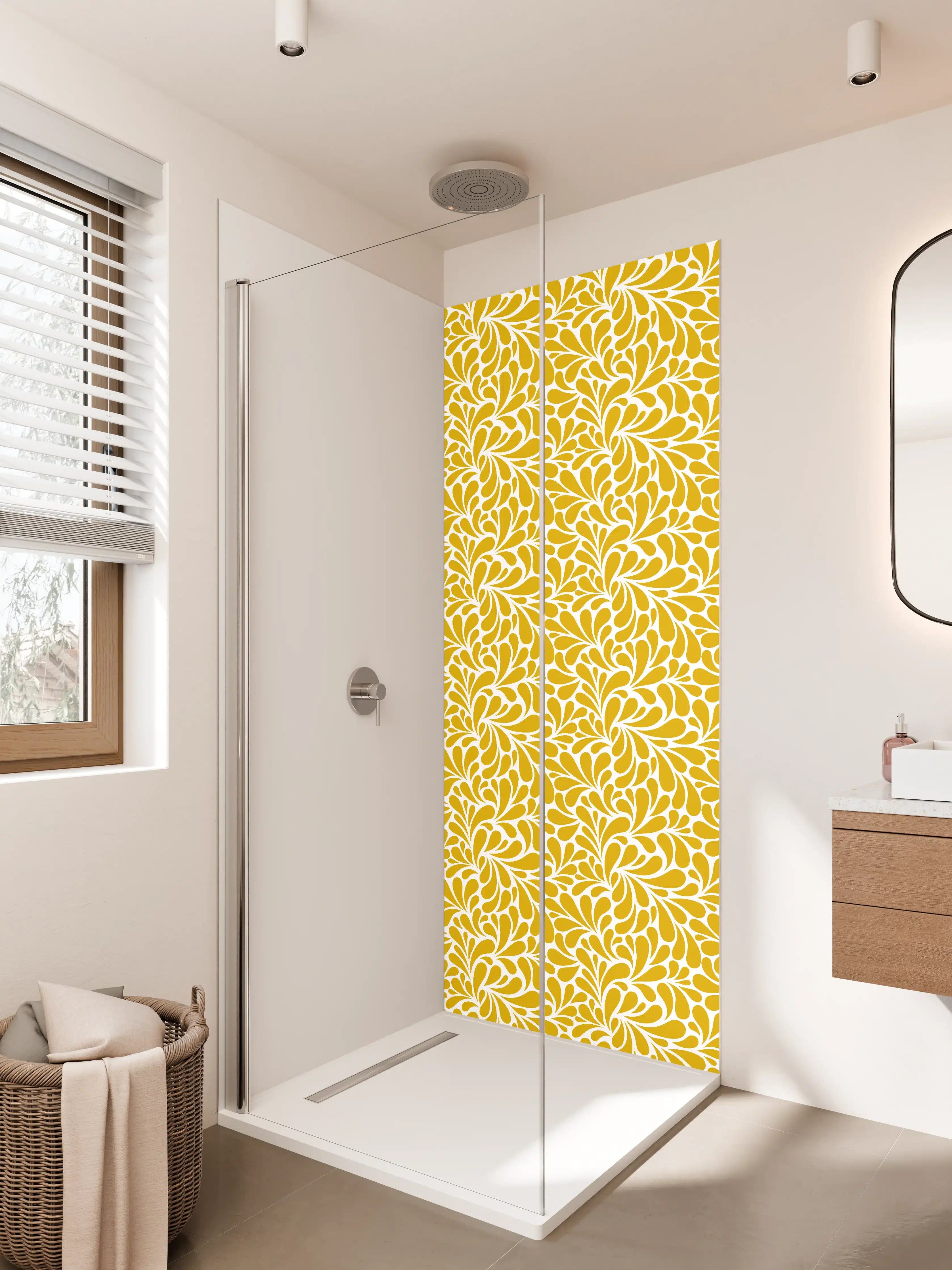 Duschrückwand - Goldene Blumenmuster mit weißer Linienführung