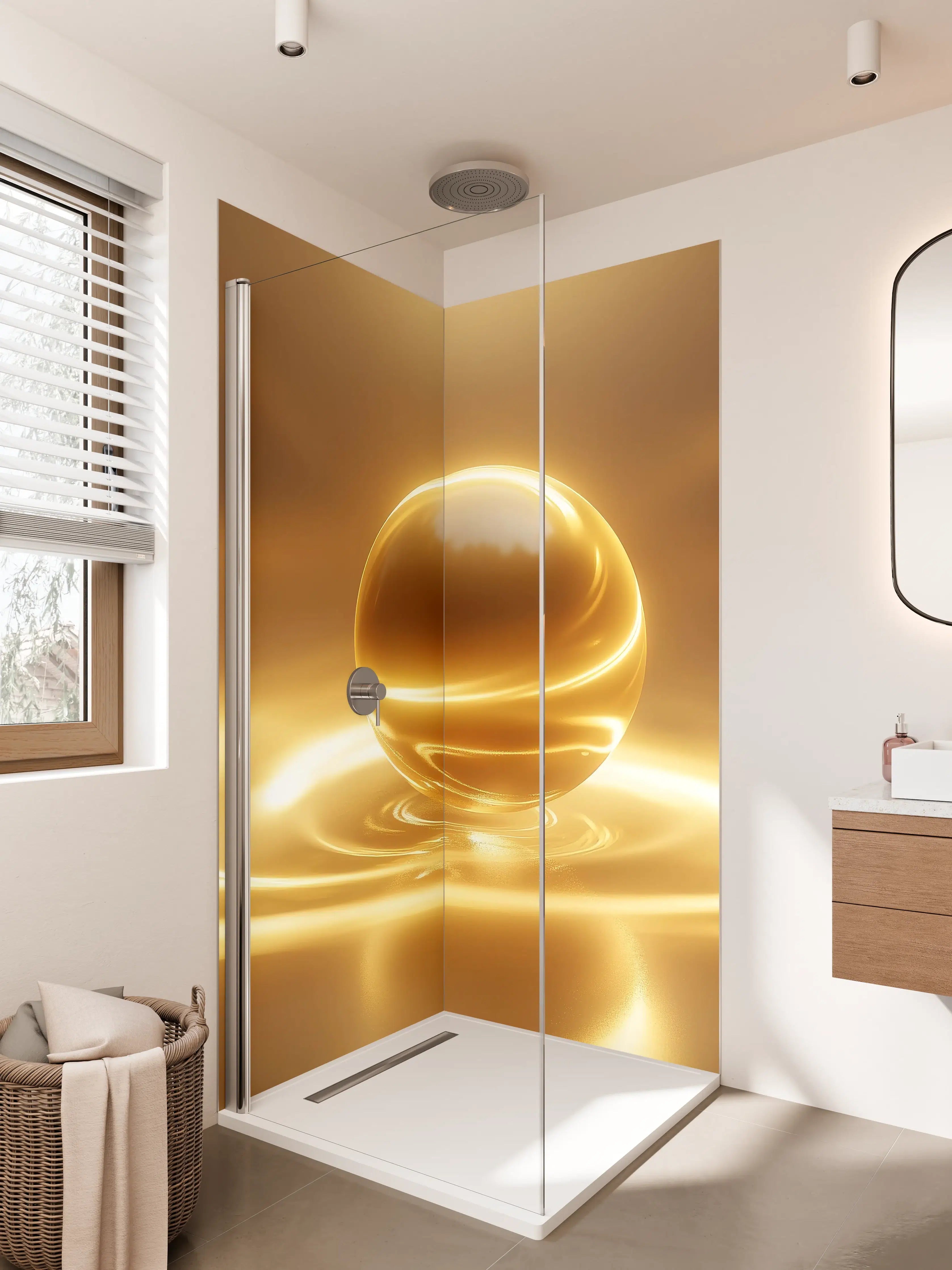 Duschrückwand - Goldene Kugel auf Wasseroberfläche