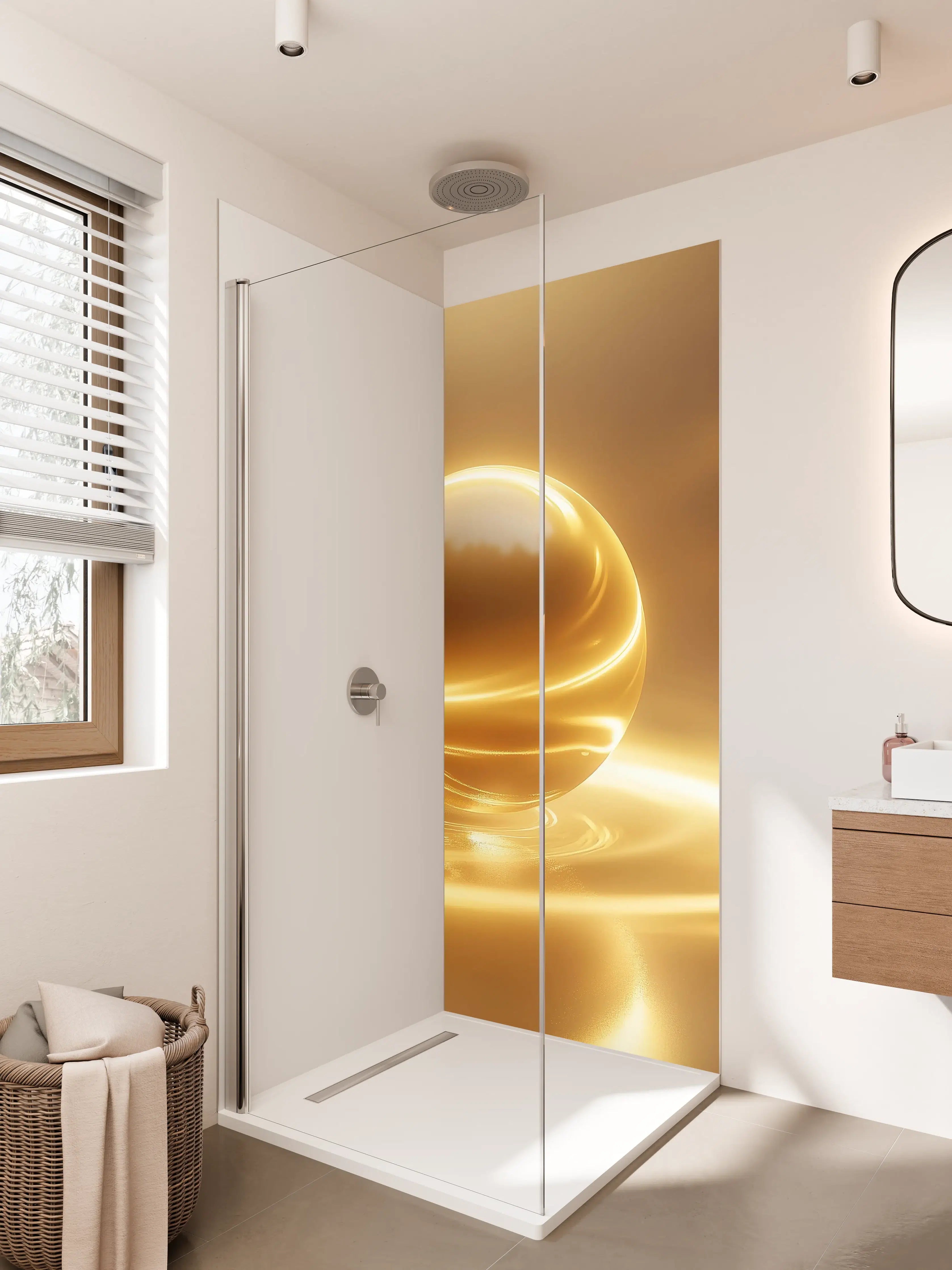 Duschrückwand - Goldene Kugel auf Wasseroberfläche
