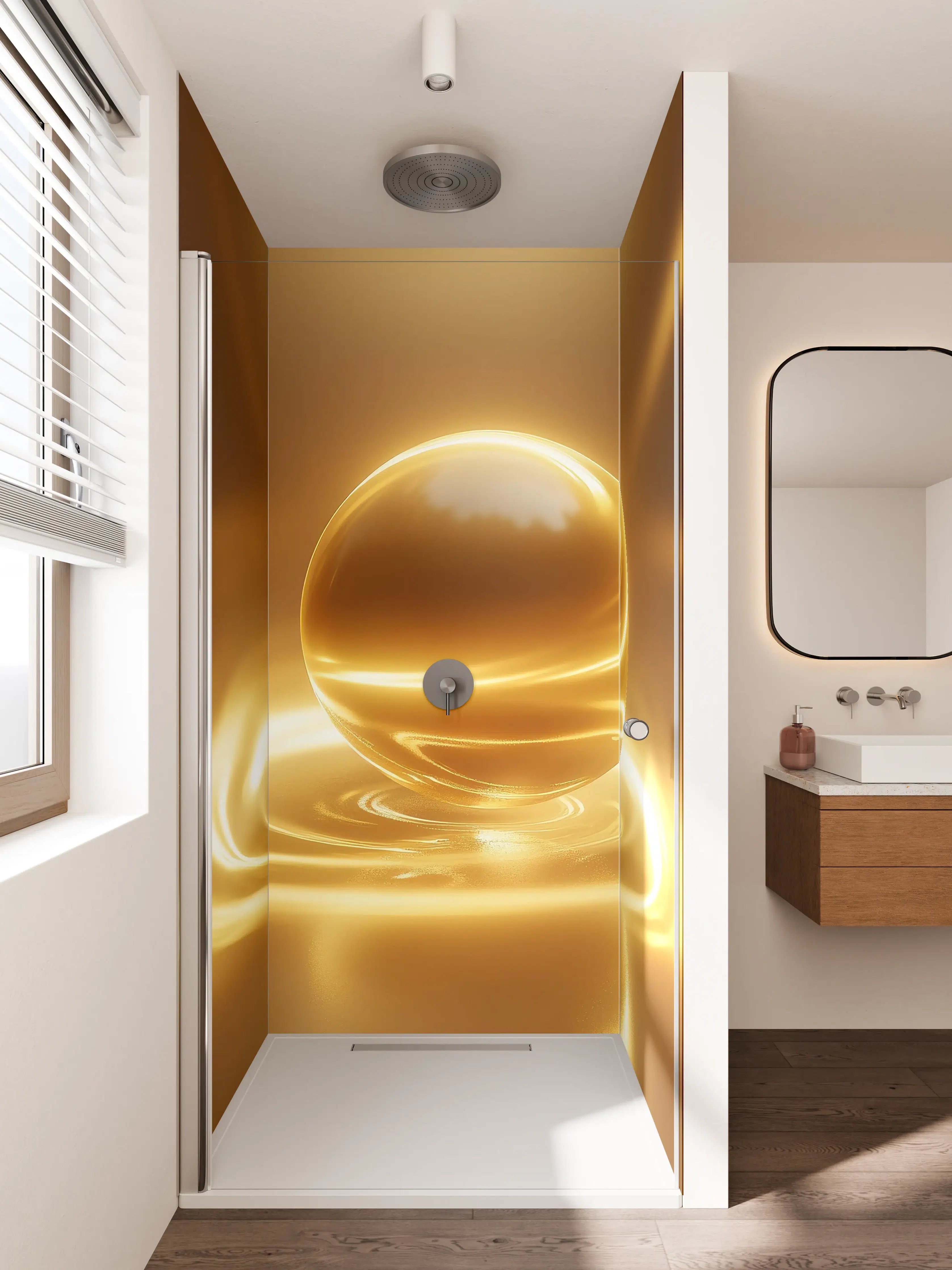 Duschrückwand - Goldene Kugel auf Wasseroberfläche