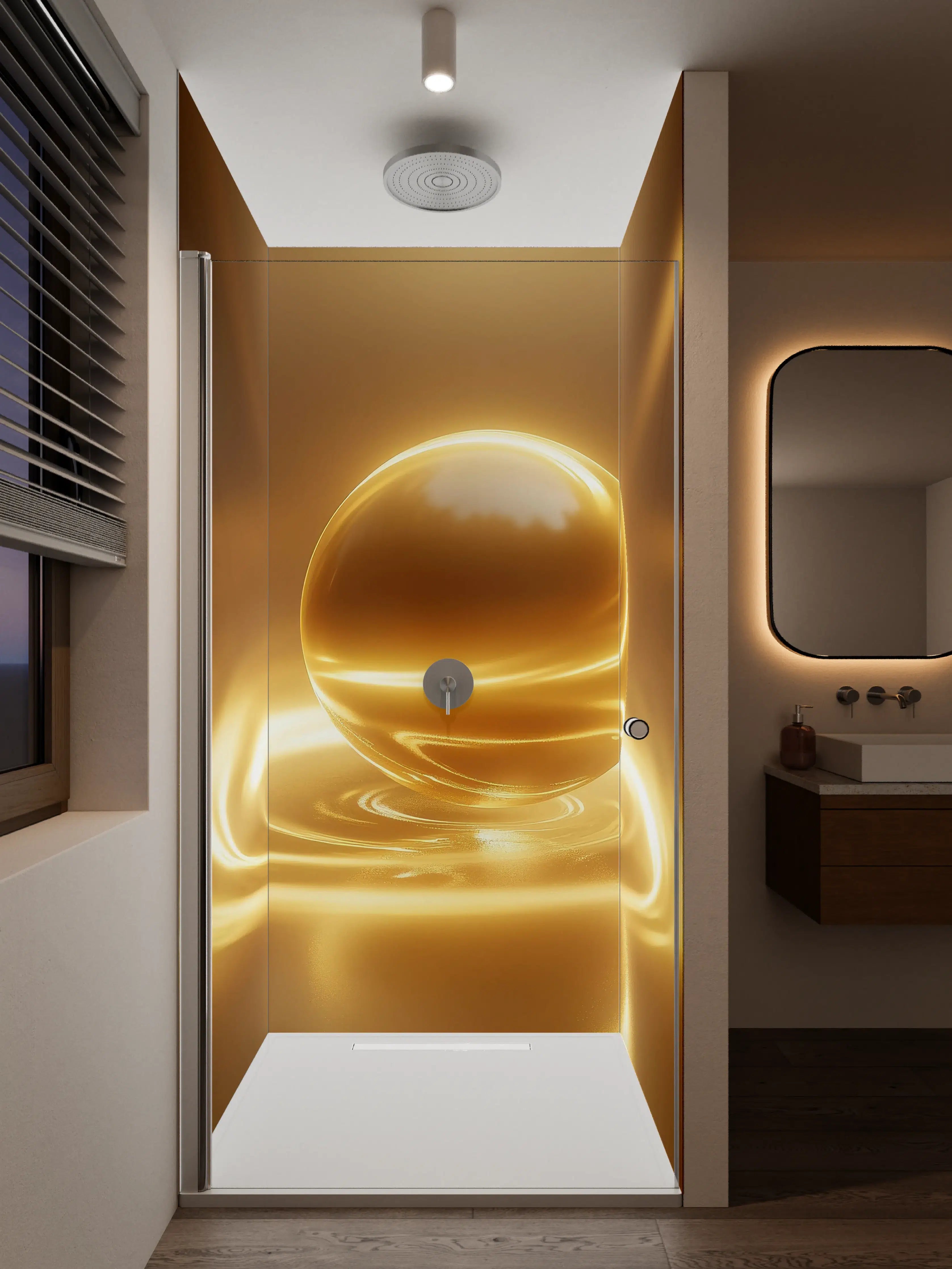 Duschrückwand - Goldene Kugel auf Wasseroberfläche