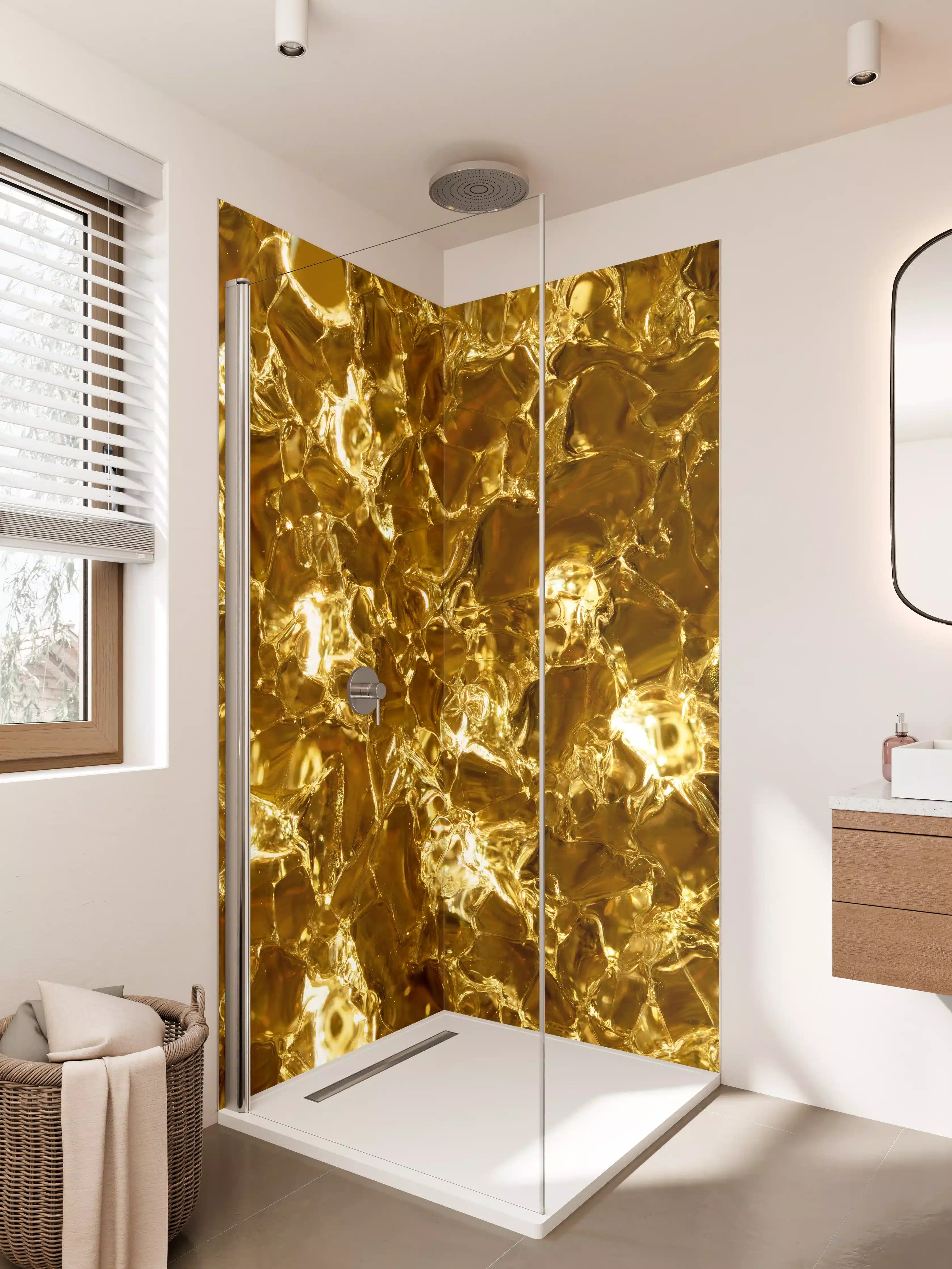 Duschrückwand - Goldene Muster mit reflektierenden Effekten
