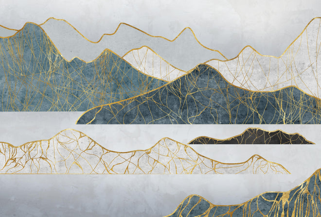 Duschrückwand - Goldene Silhouetten einer Bergregion
