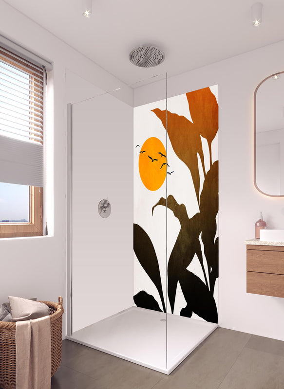 Duschrückwand - Goldene Sonne - Grafik in hellem Badezimmer mit Regenduschkopf  - zweiteilige Eck-Duschrückwand