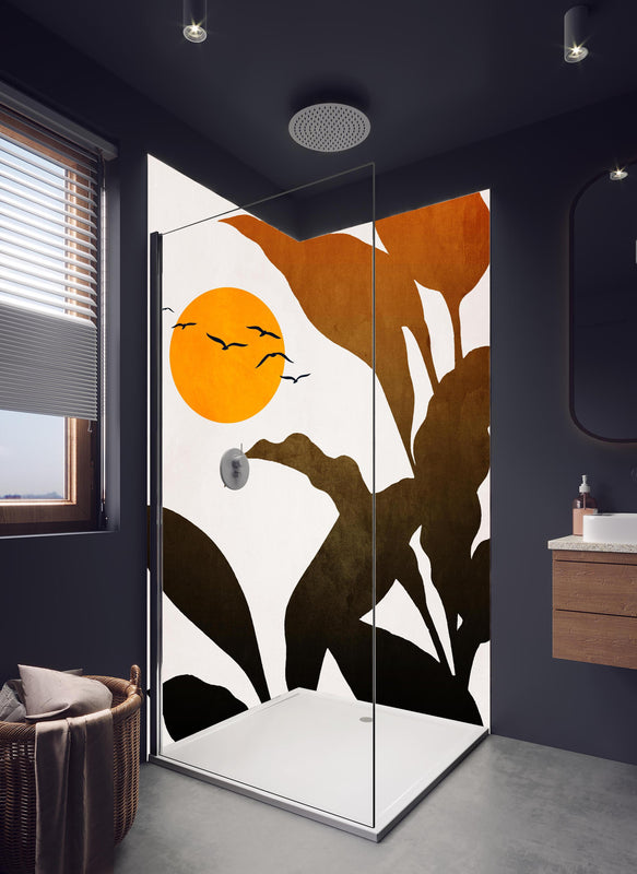 Duschrückwand - Goldene Sonne - Grafik in hellem Badezimmer mit Regenduschkopf  - zweiteilige Eck-Duschrückwand
