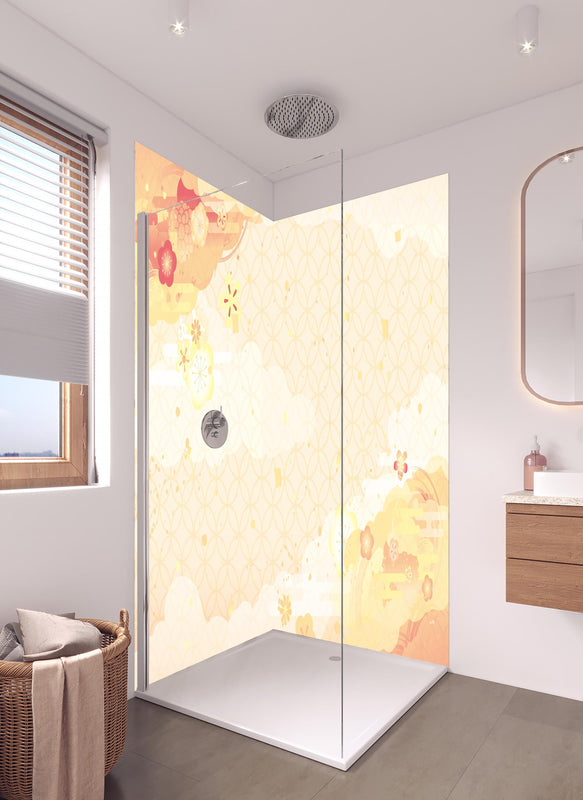 Duschrückwand - Goldene & Beige Muster Abstrakte Kunstwand in hellem Badezimmer mit Regenduschkopf  - zweiteilige Eck-Duschrückwand