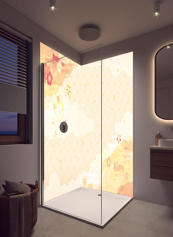 Duschrückwand - Goldene & Beige Muster Abstrakte Kunstwand in hellem Badezimmer mit Regenduschkopf  - zweiteilige Eck-Duschrückwand