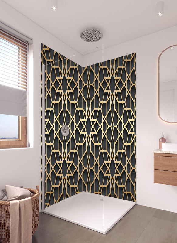 Duschrückwand - Goldenes Muster auf dunklem Hintergrund in hellem Badezimmer mit Regenduschkopf  - zweiteilige Eck-Duschrückwand
