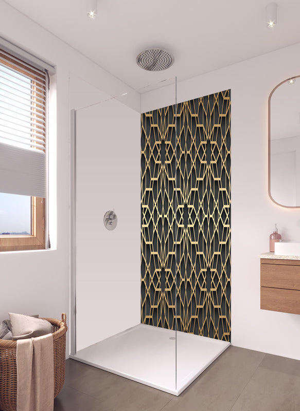 Duschrückwand - Goldenes Muster auf dunklem Hintergrund in hellem Badezimmer mit Regenduschkopf  - zweiteilige Eck-Duschrückwand