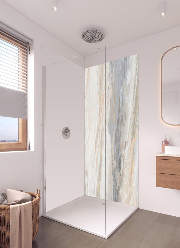 Duschrückwand - Gräulich-beiger matter Marmor in hellem Badezimmer mit Regenduschkopf  - zweiteilige Eck-Duschrückwand