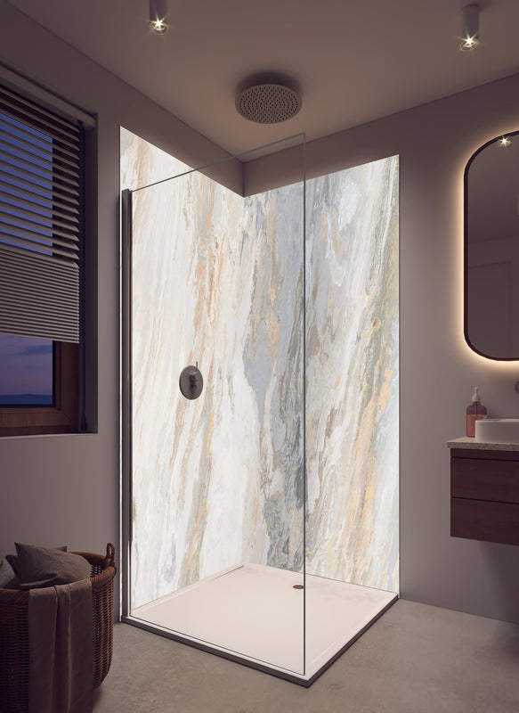 Duschrückwand - Gräulich-beiger matter Marmor in hellem Badezimmer mit Regenduschkopf  - zweiteilige Eck-Duschrückwand