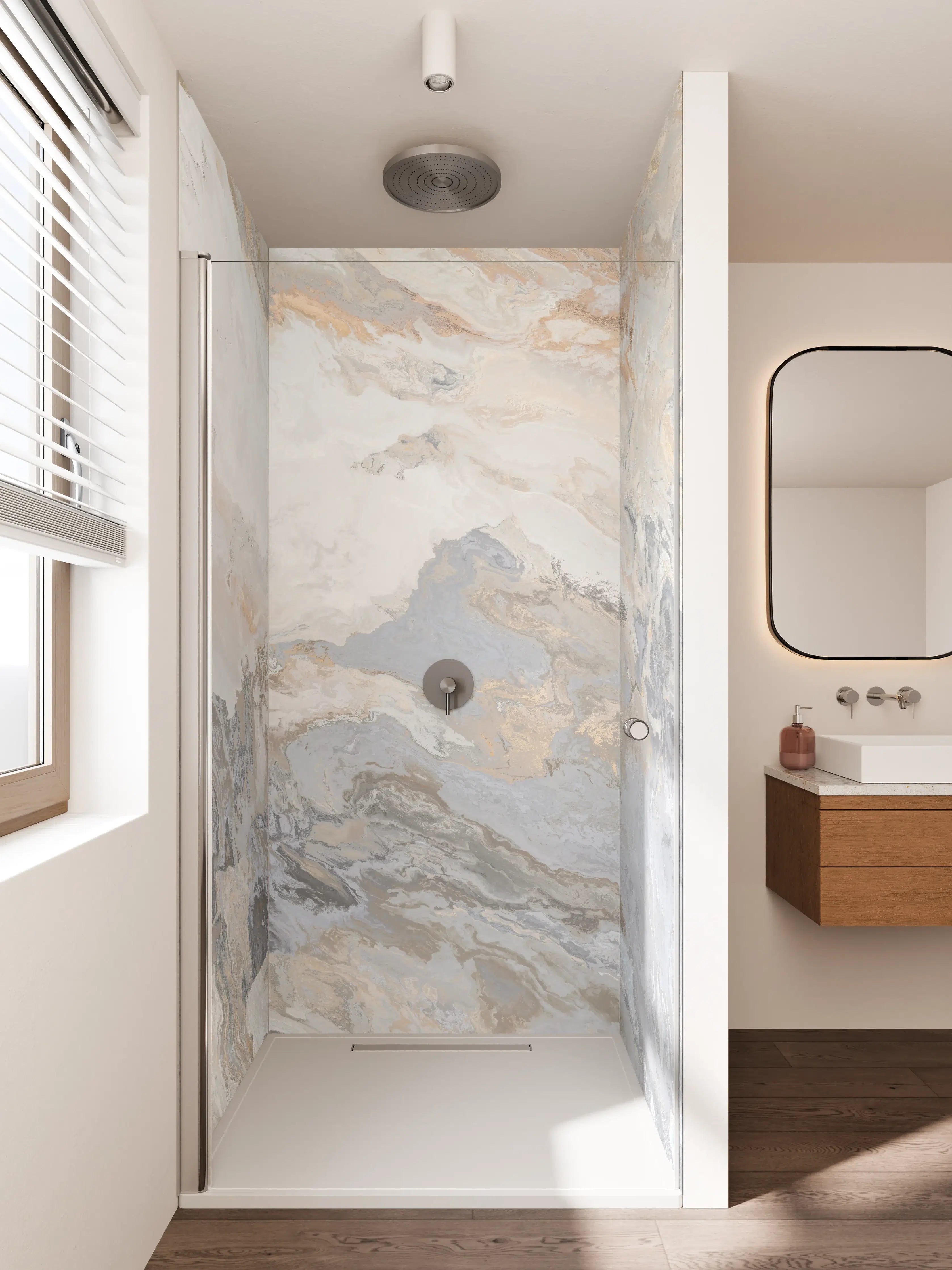 Duschrückwand - Gräulich-beiger matter Marmor