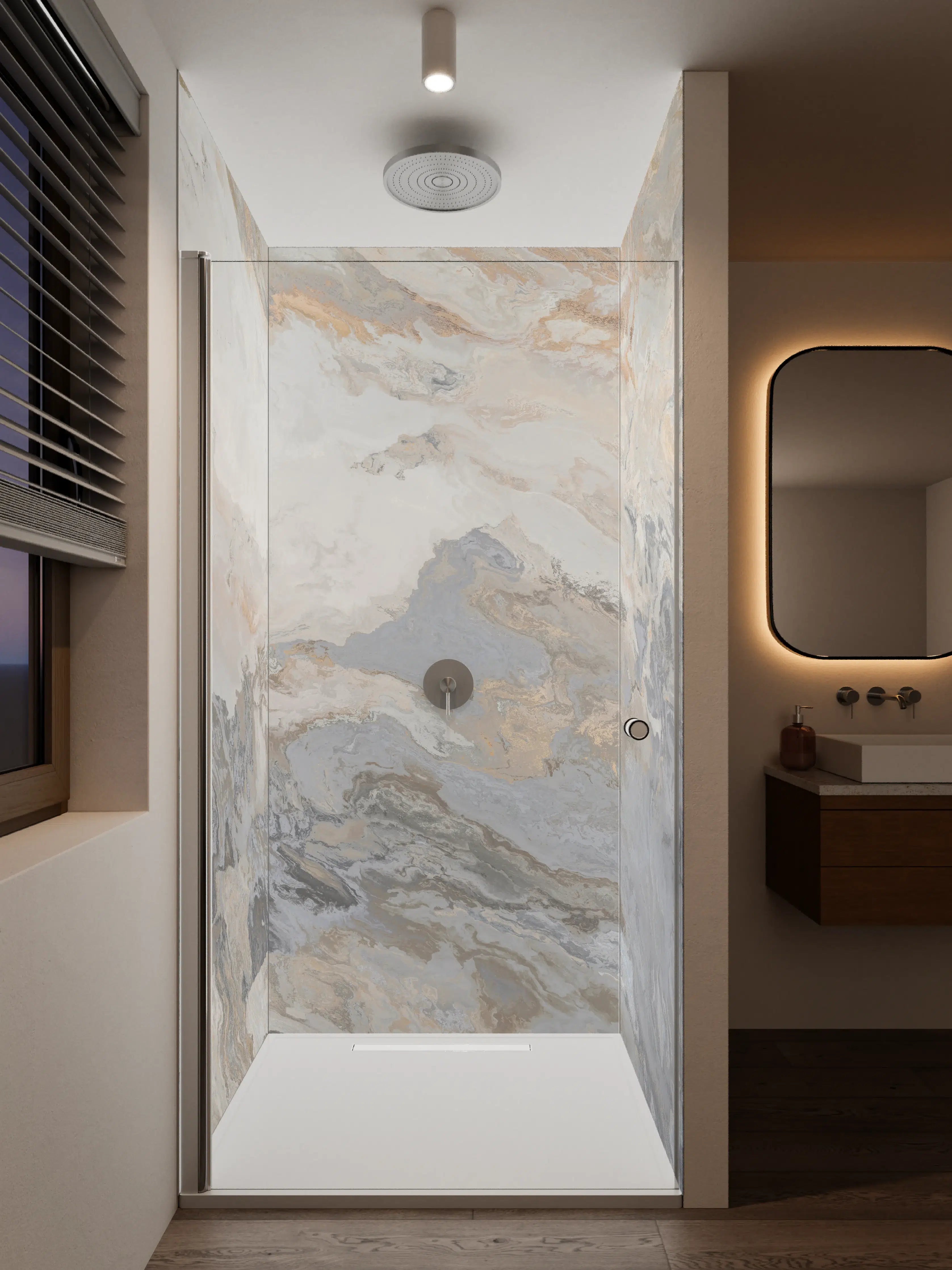 Duschrückwand - Gräulich-beiger matter Marmor