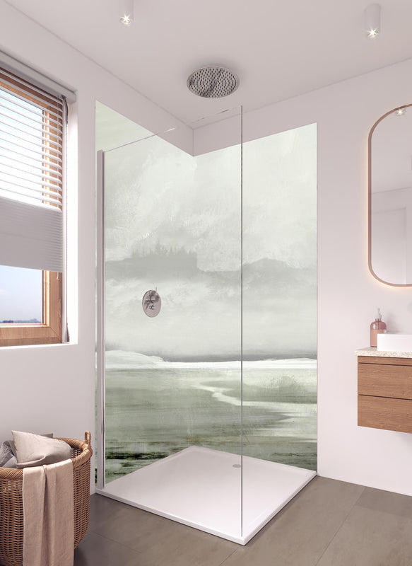 Duschrückwand - Gräuliche Landschaft - Gemälde in hellem Badezimmer mit Regenduschkopf  - zweiteilige Eck-Duschrückwand