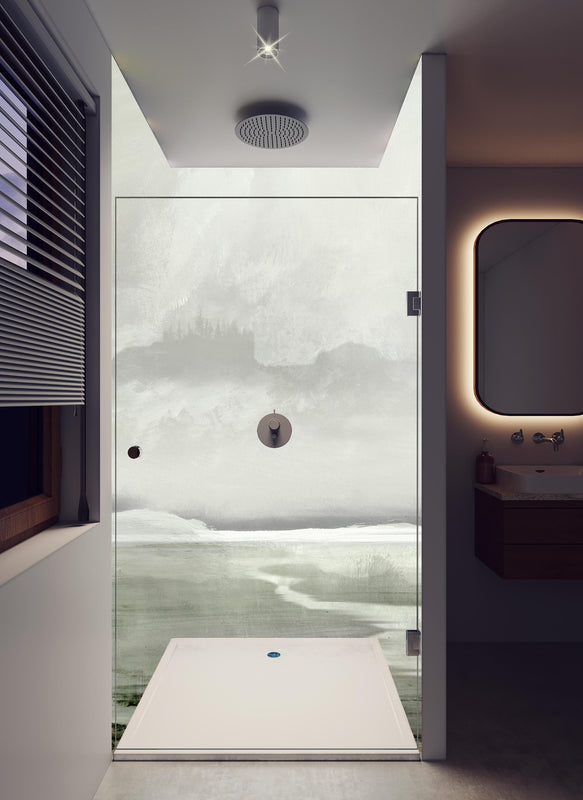 Duschrückwand - Gräuliche Landschaft - Gemälde in hellem Badezimmer mit Regenduschkopf  - zweiteilige Eck-Duschrückwand