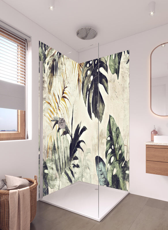 Duschrückwand - Gräuliche Pflanzen Floral in hellem Badezimmer mit Regenduschkopf  - zweiteilige Eck-Duschrückwand