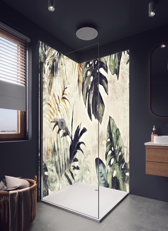 Duschrückwand - Gräuliche Pflanzen Floral in hellem Badezimmer mit Regenduschkopf  - zweiteilige Eck-Duschrückwand