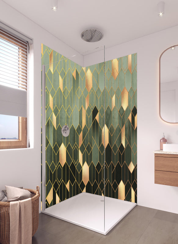 Duschrückwand - Gräuliche Sechseck Struktur in hellem Badezimmer mit Regenduschkopf  - zweiteilige Eck-Duschrückwand