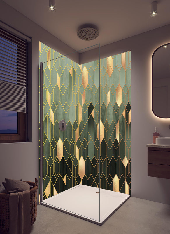 Duschrückwand - Gräuliche Sechseck Struktur in hellem Badezimmer mit Regenduschkopf  - zweiteilige Eck-Duschrückwand
