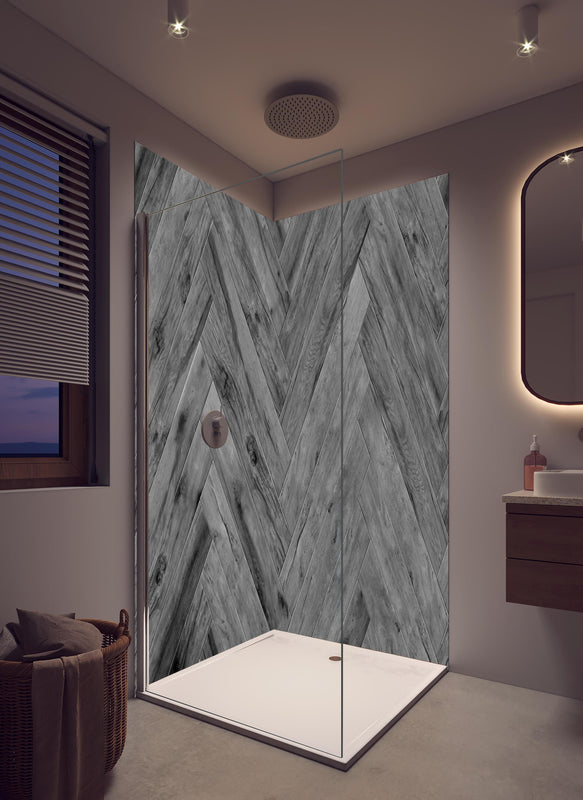 Duschrückwand - Gräuliches Holzparkett mit Fischgrätenmuster in hellem Badezimmer mit Regenduschkopf  - zweiteilige Eck-Duschrückwand