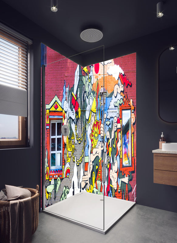 Duschrückwand - Graffiti Wand - Urban Streetstyle in hellem Badezimmer mit Regenduschkopf  - zweiteilige Eck-Duschrückwand