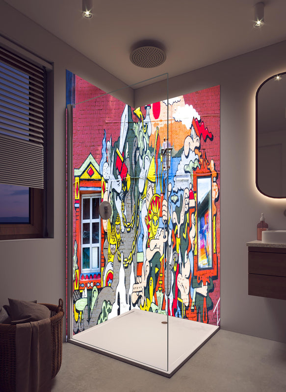 Duschrückwand - Graffiti Wand - Urban Streetstyle in hellem Badezimmer mit Regenduschkopf  - zweiteilige Eck-Duschrückwand