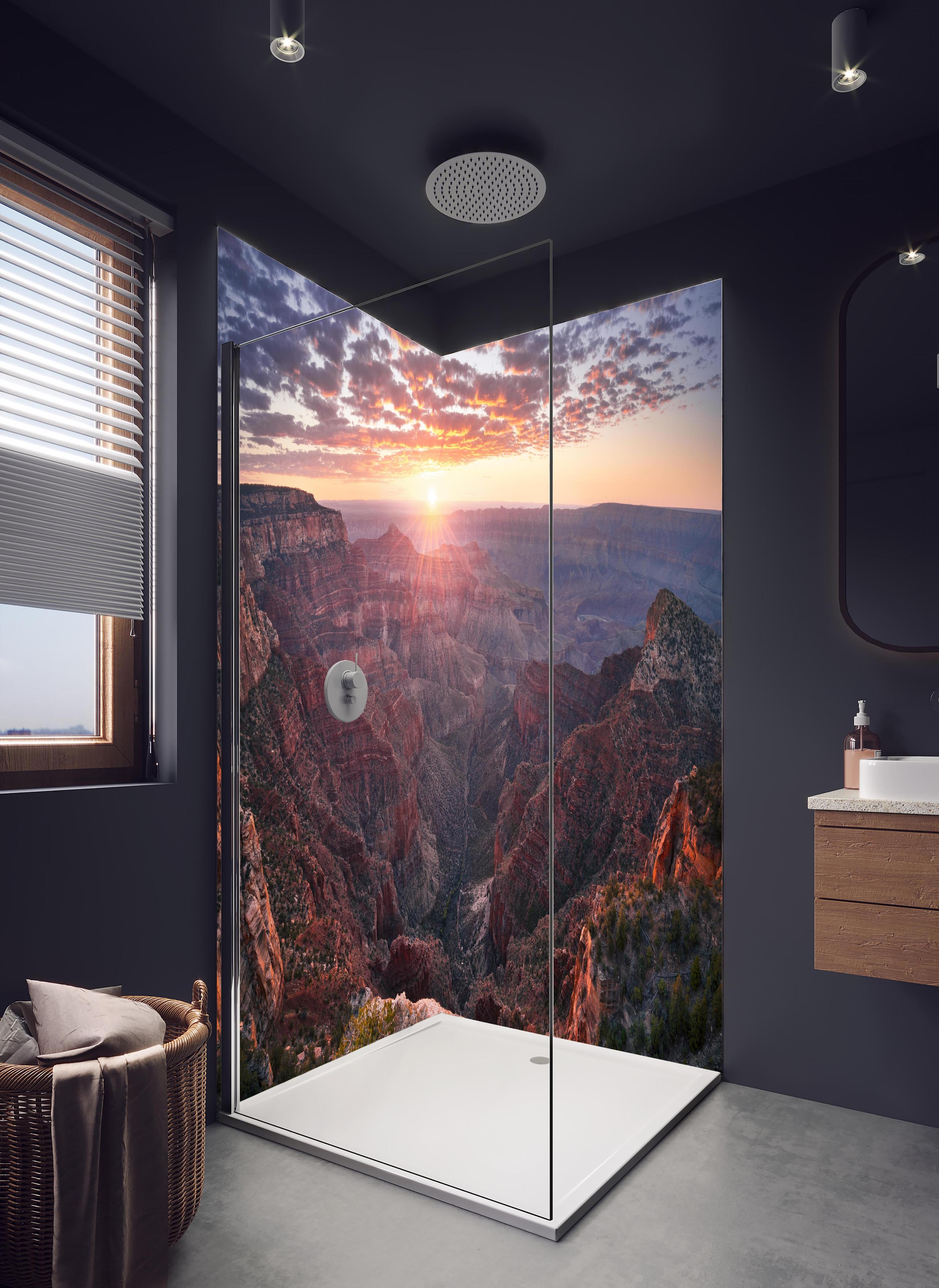 Duschrückwand - Grand Canyon Sonnenuntergang Panorama in hellem Badezimmer mit Regenduschkopf  - zweiteilige Eck-Duschrückwand