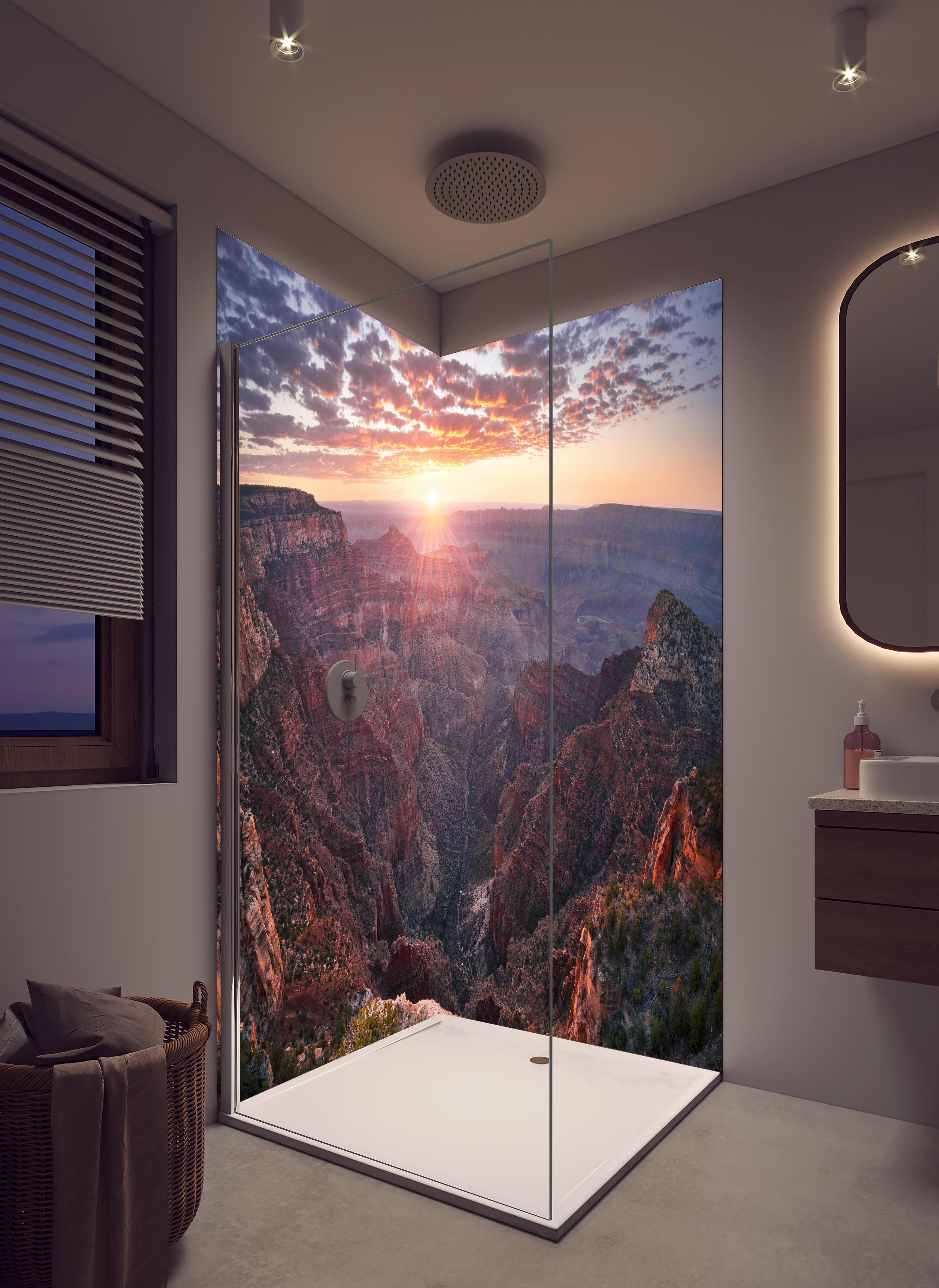 Duschrückwand - Grand Canyon Sonnenuntergang Panorama in hellem Badezimmer mit Regenduschkopf  - zweiteilige Eck-Duschrückwand