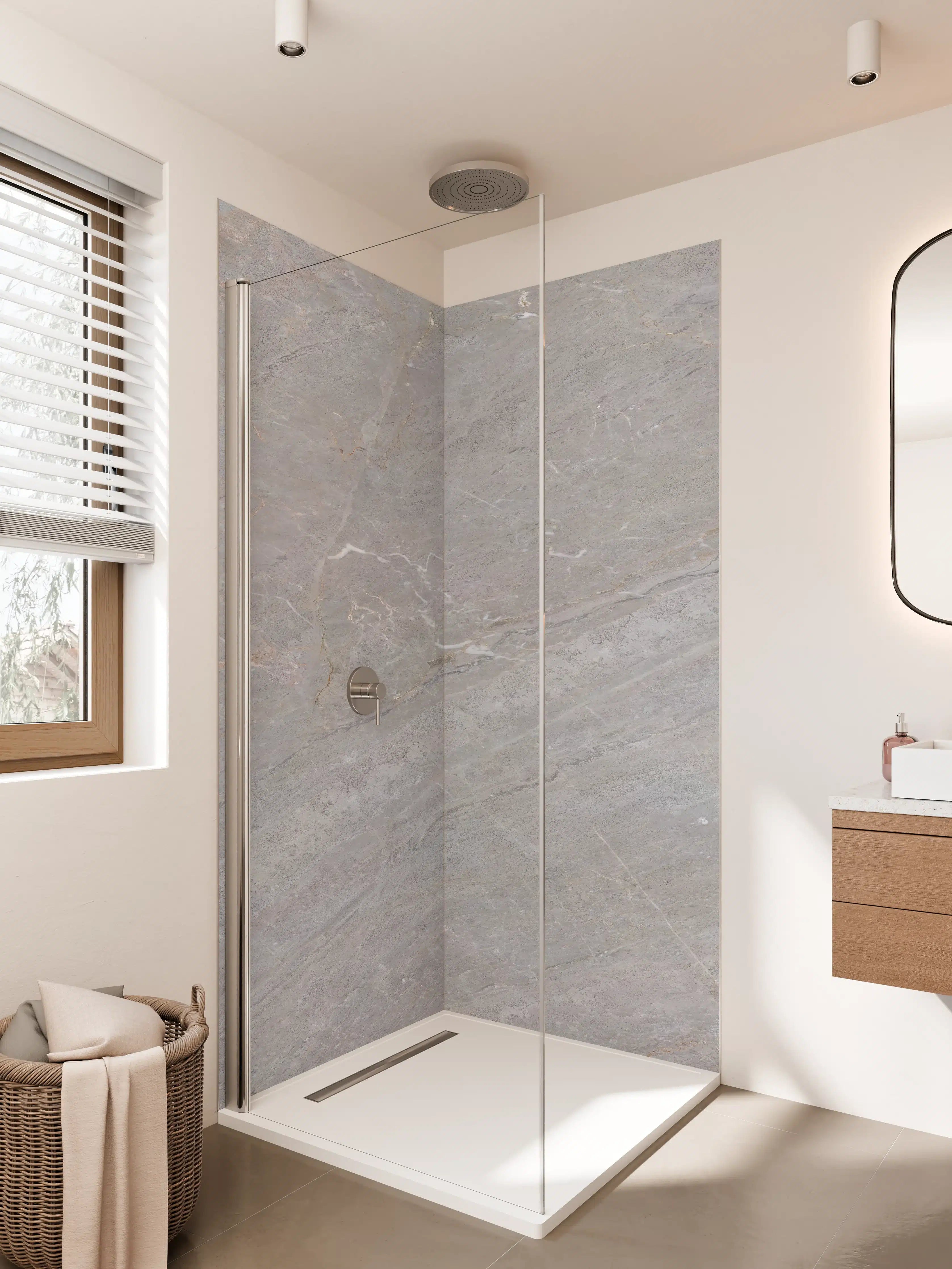 Duschrückwand - Grau-marmorierte Fliesenoptik mit feinen Linien