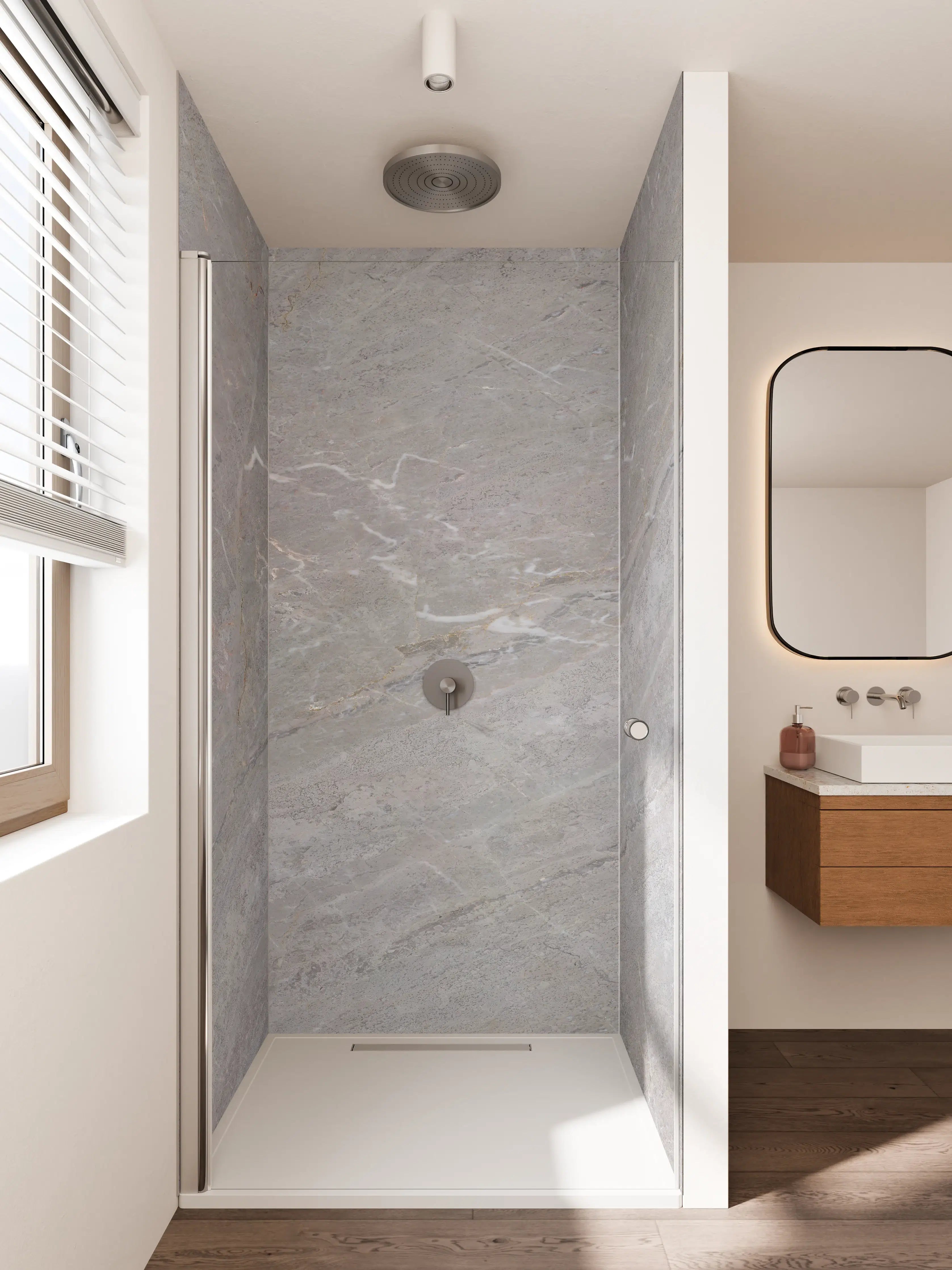 Duschrückwand - Grau-marmorierte Fliesenoptik mit feinen Linien