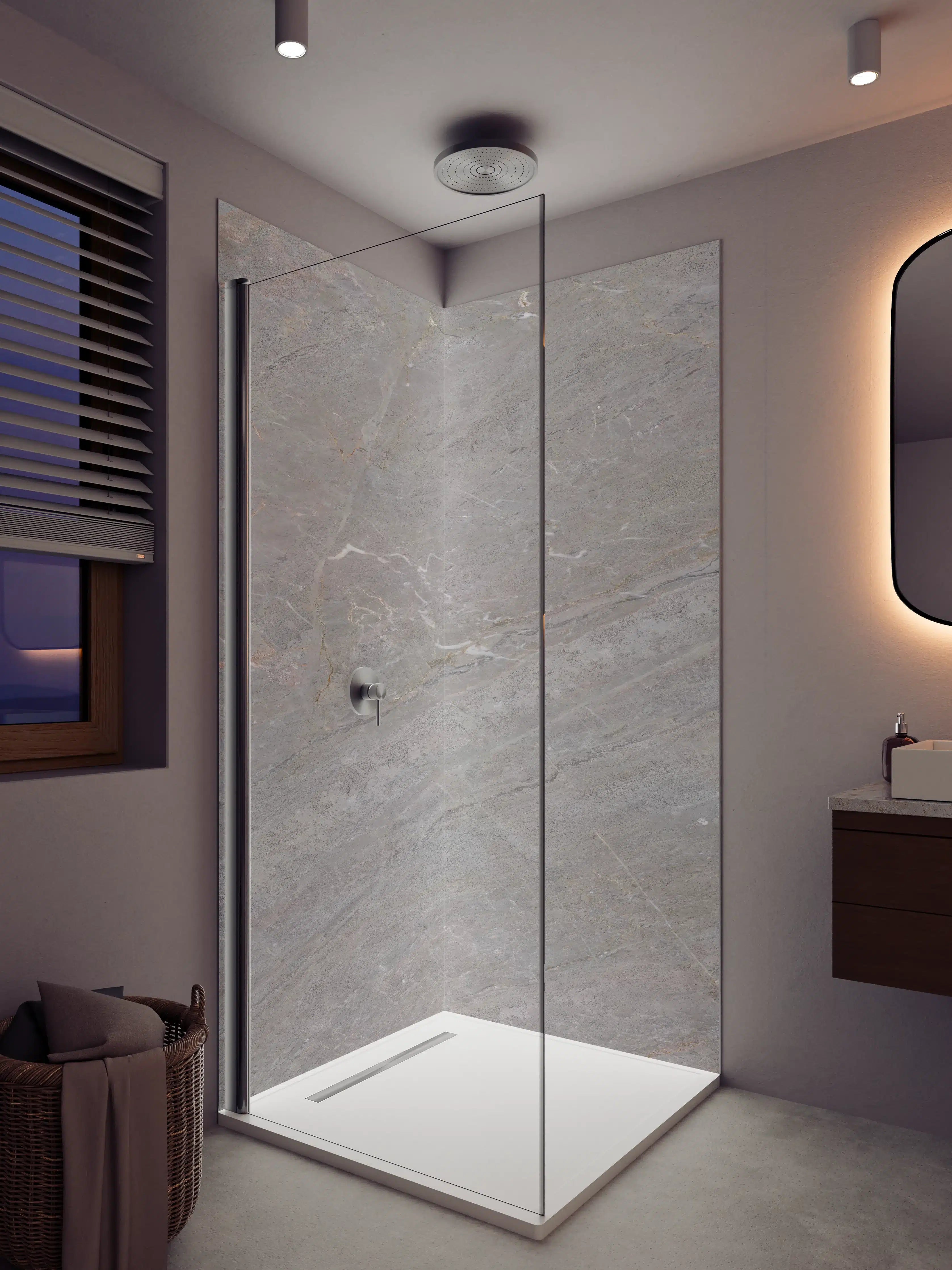 Duschrückwand - Grau-marmorierte Fliesenoptik mit feinen Linien