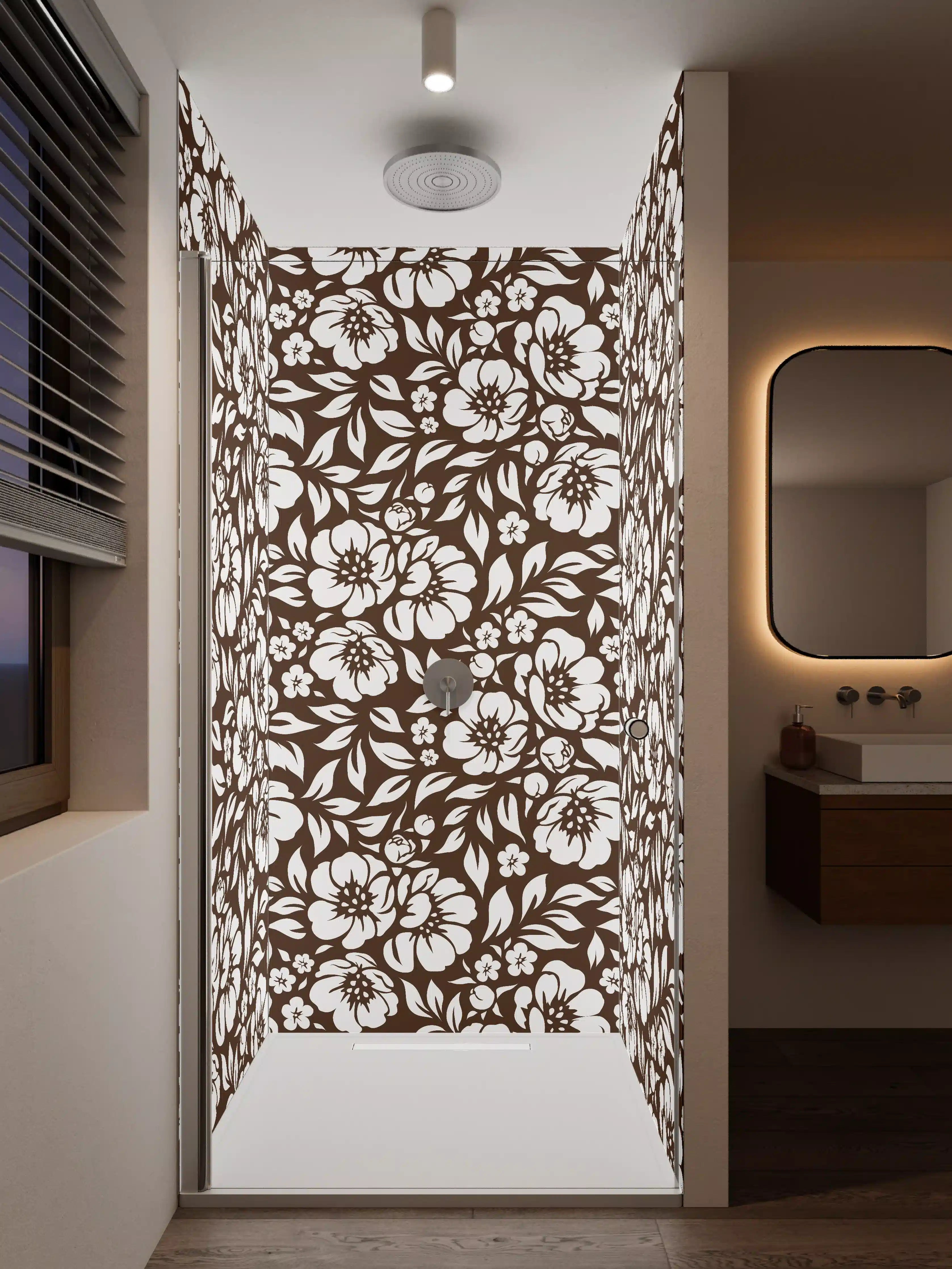Duschrückwand - Graue Blumenmotive in Braun und Weiß