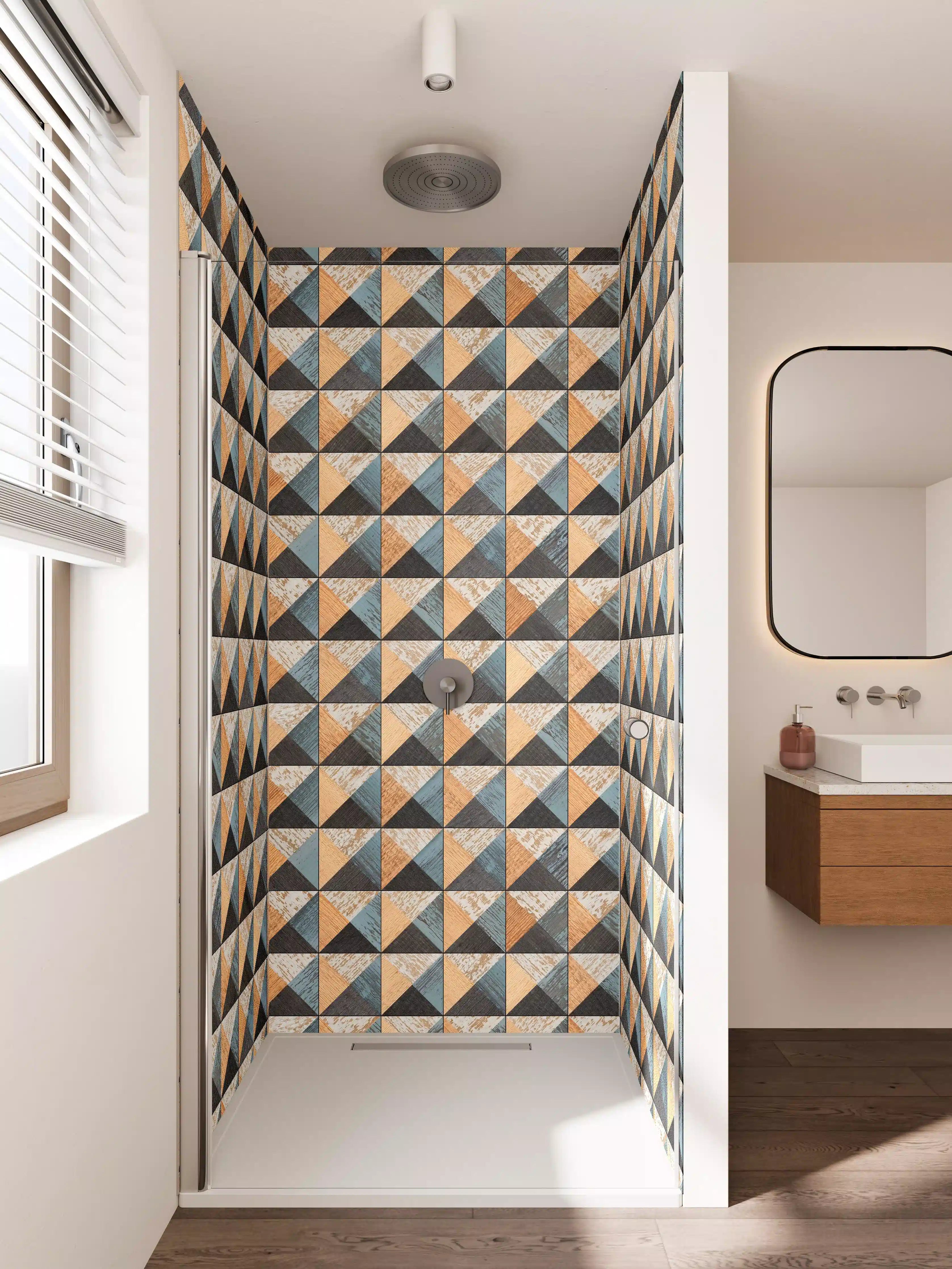 Duschrückwand - Graue Erdtöne im Geometrie-Design