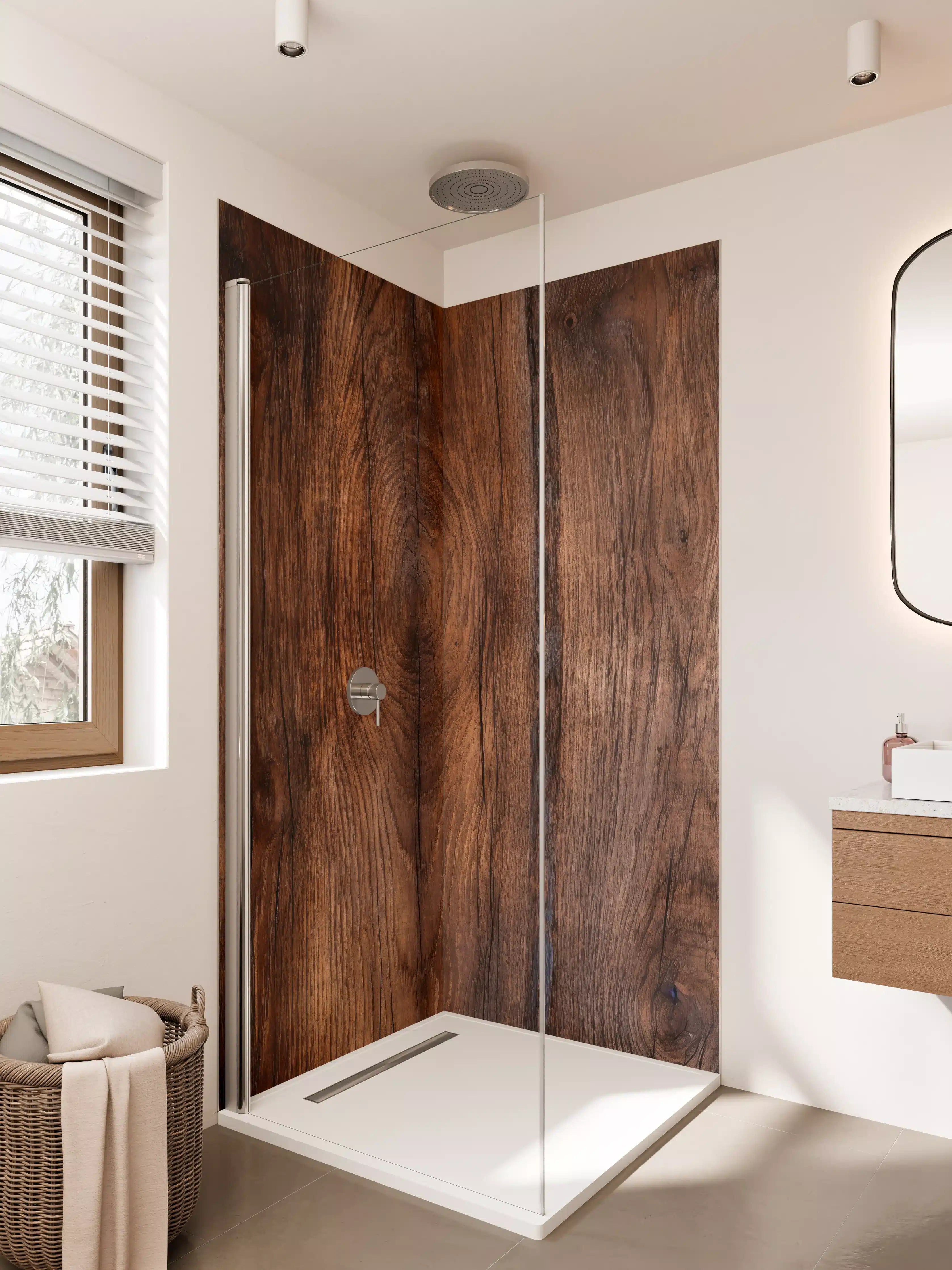 Duschrückwand - Graue Holzmaserung mit dunklen Akzenten