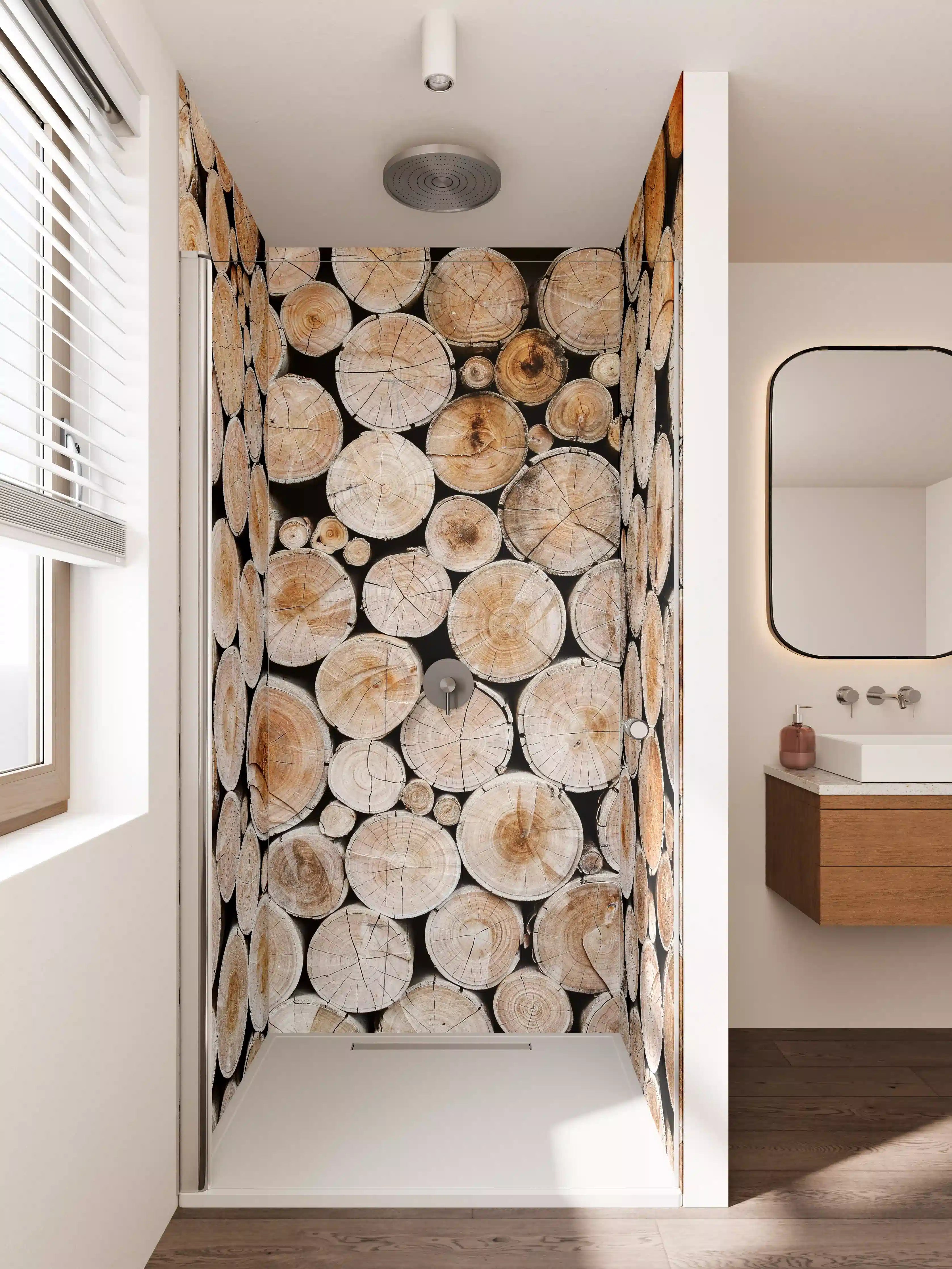 Duschrückwand - Graue Holzstämme im Weißkontrast