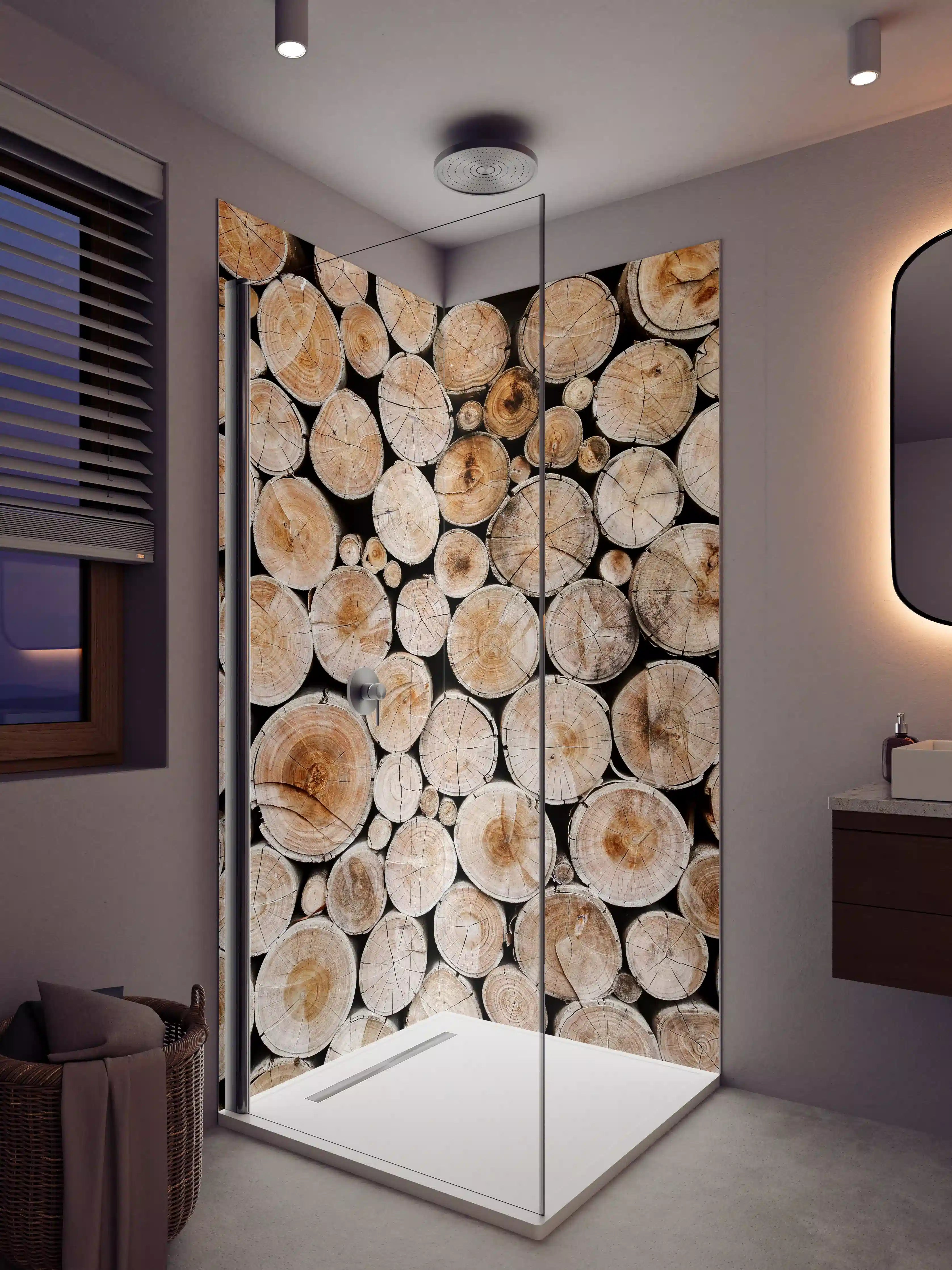 Duschrückwand - Graue Holzstämme im Weißkontrast
