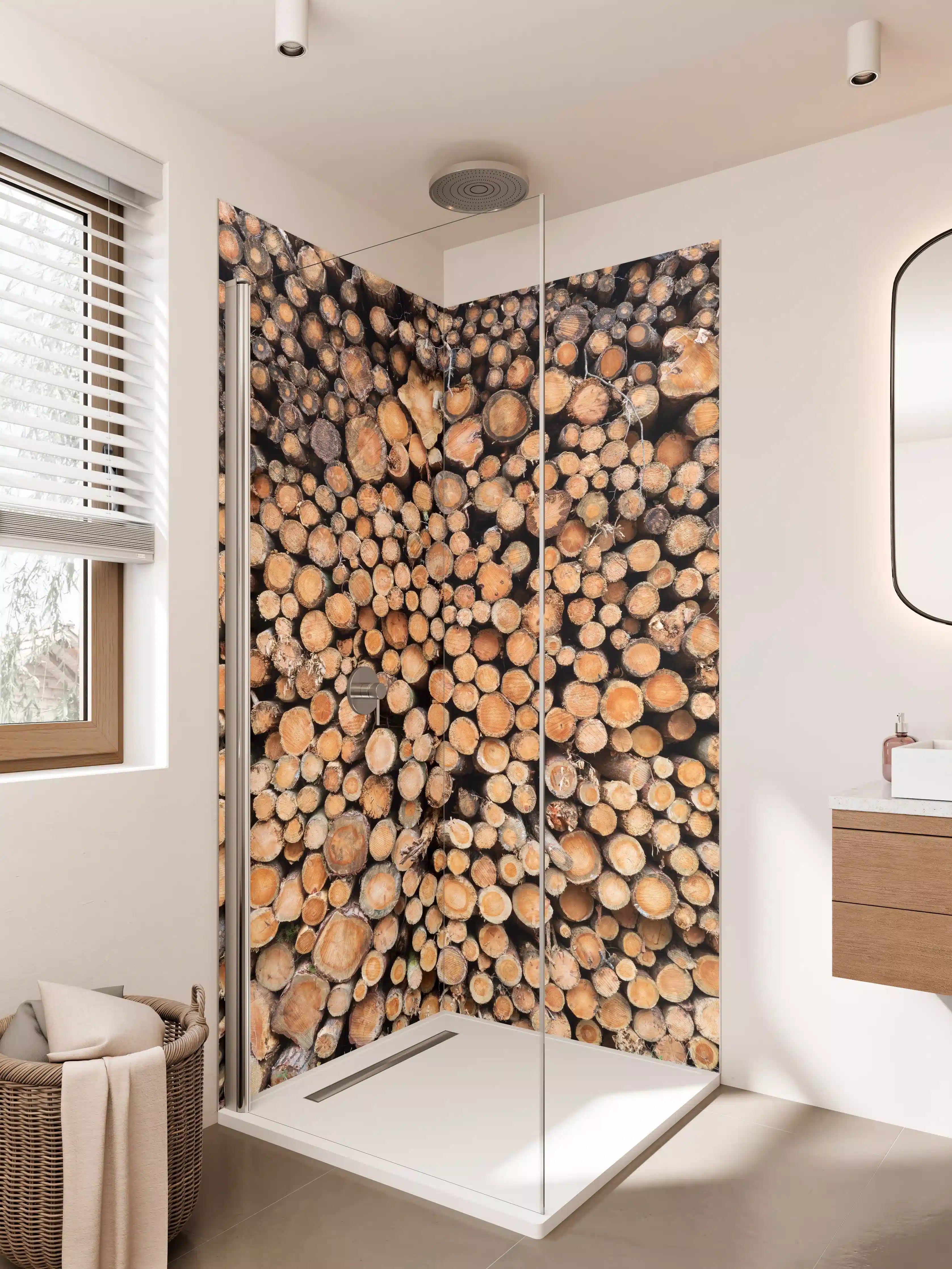 Duschrückwand - Graue Holzstämme in natürlicher Anordnung