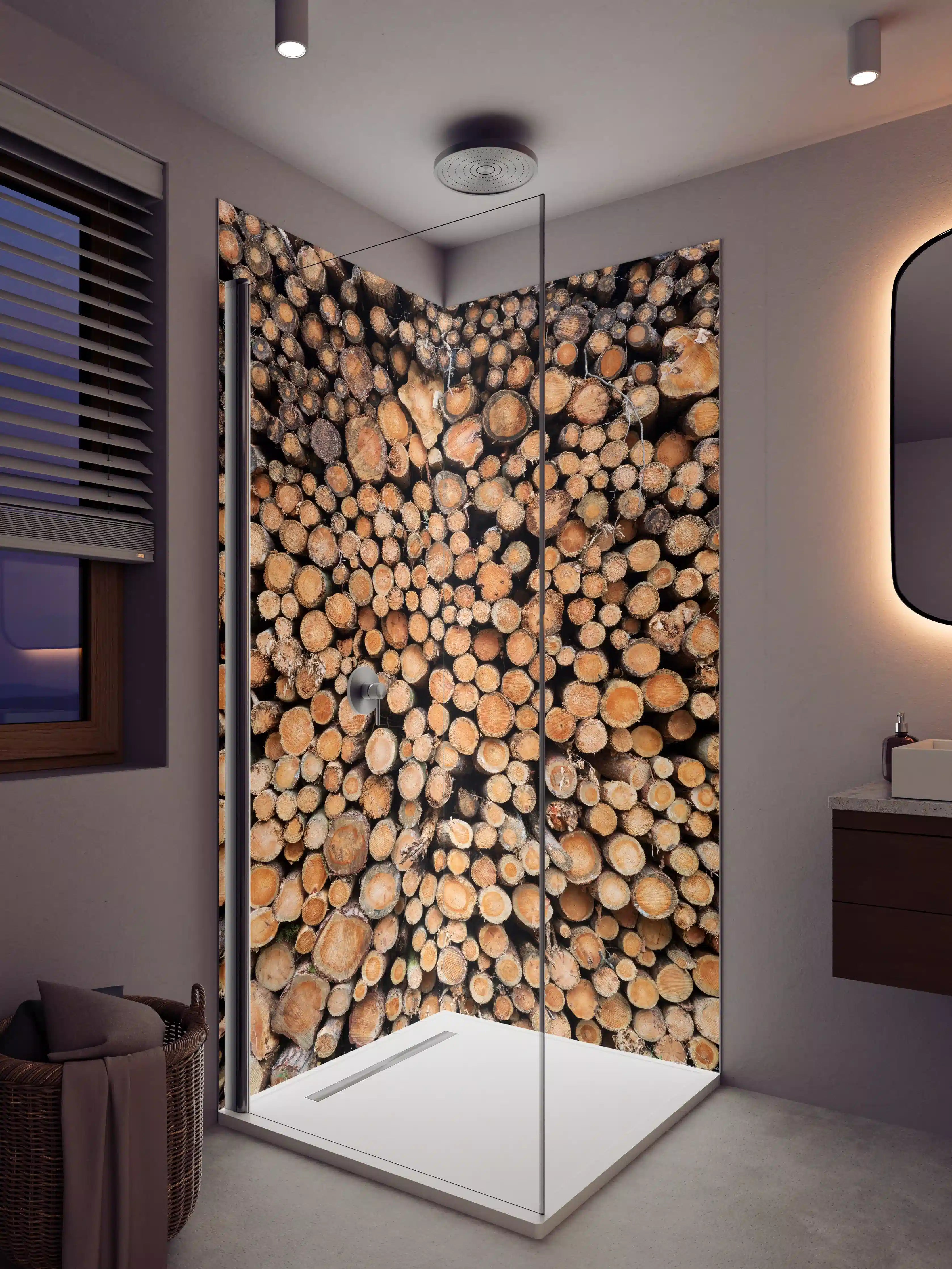 Duschrückwand - Graue Holzstämme in natürlicher Anordnung