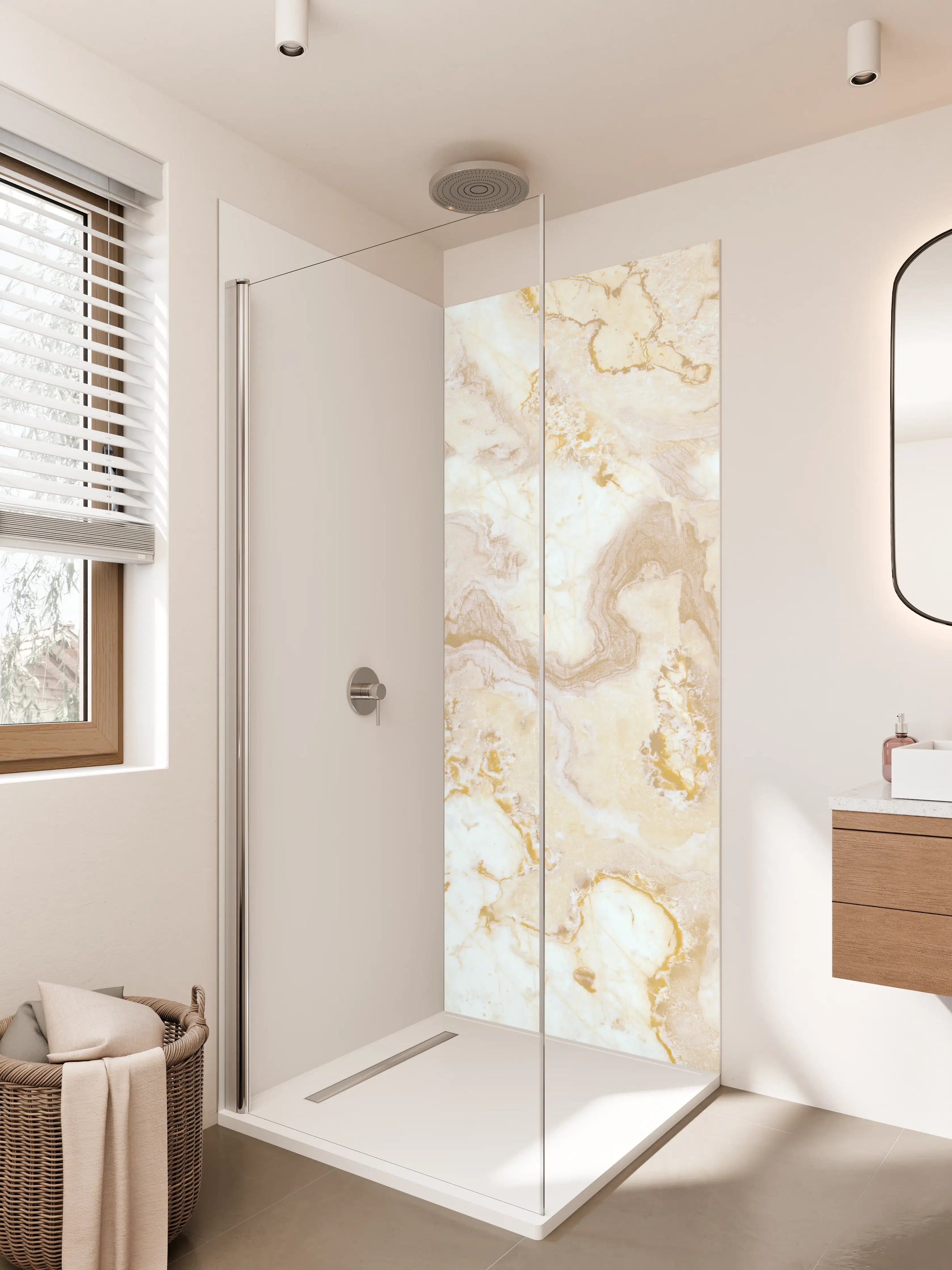 Duschrückwand - Graue Marmor-Glanz mit Goldakzenten