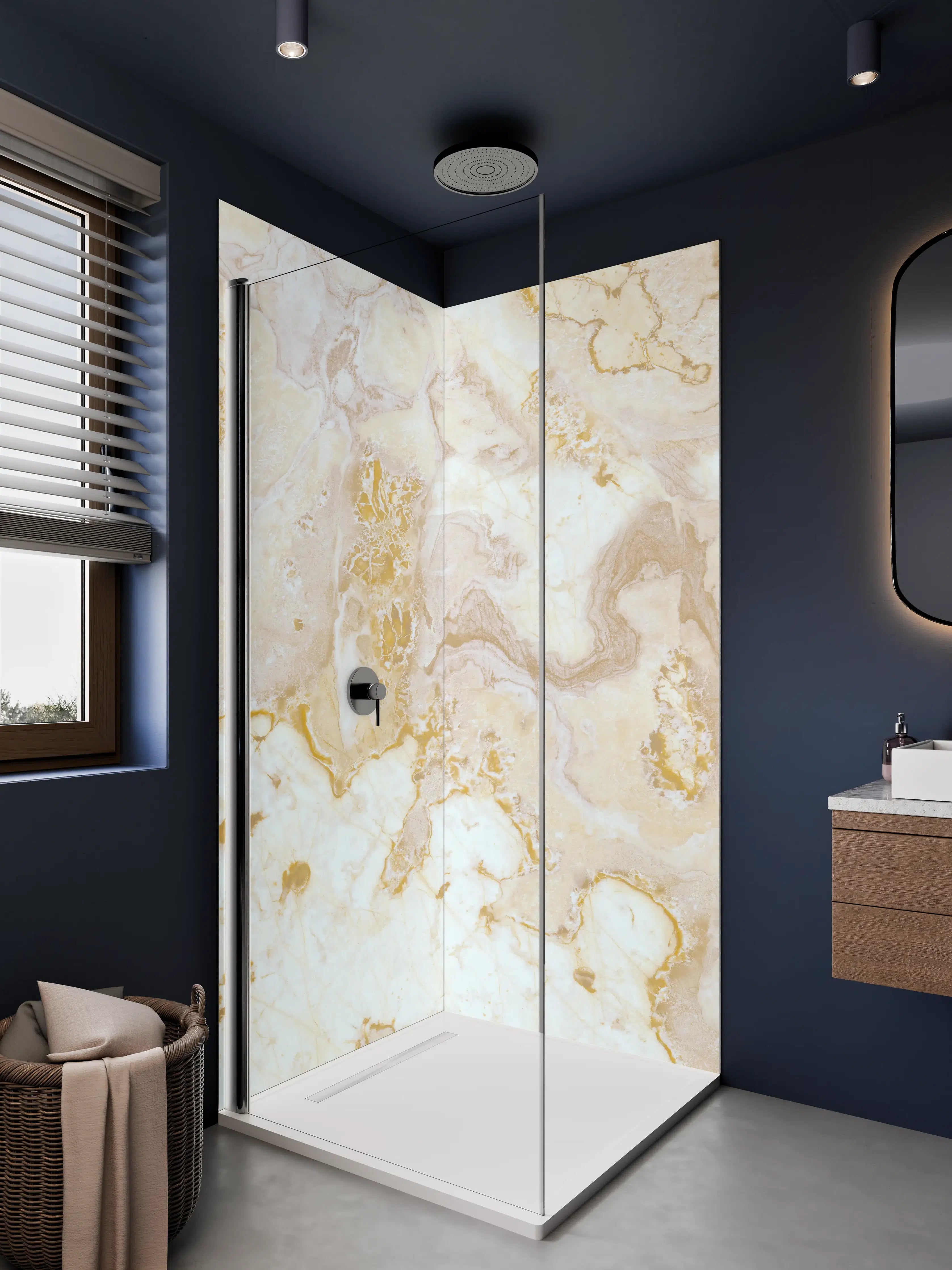 Duschrückwand - Graue Marmor-Glanz mit Goldakzenten