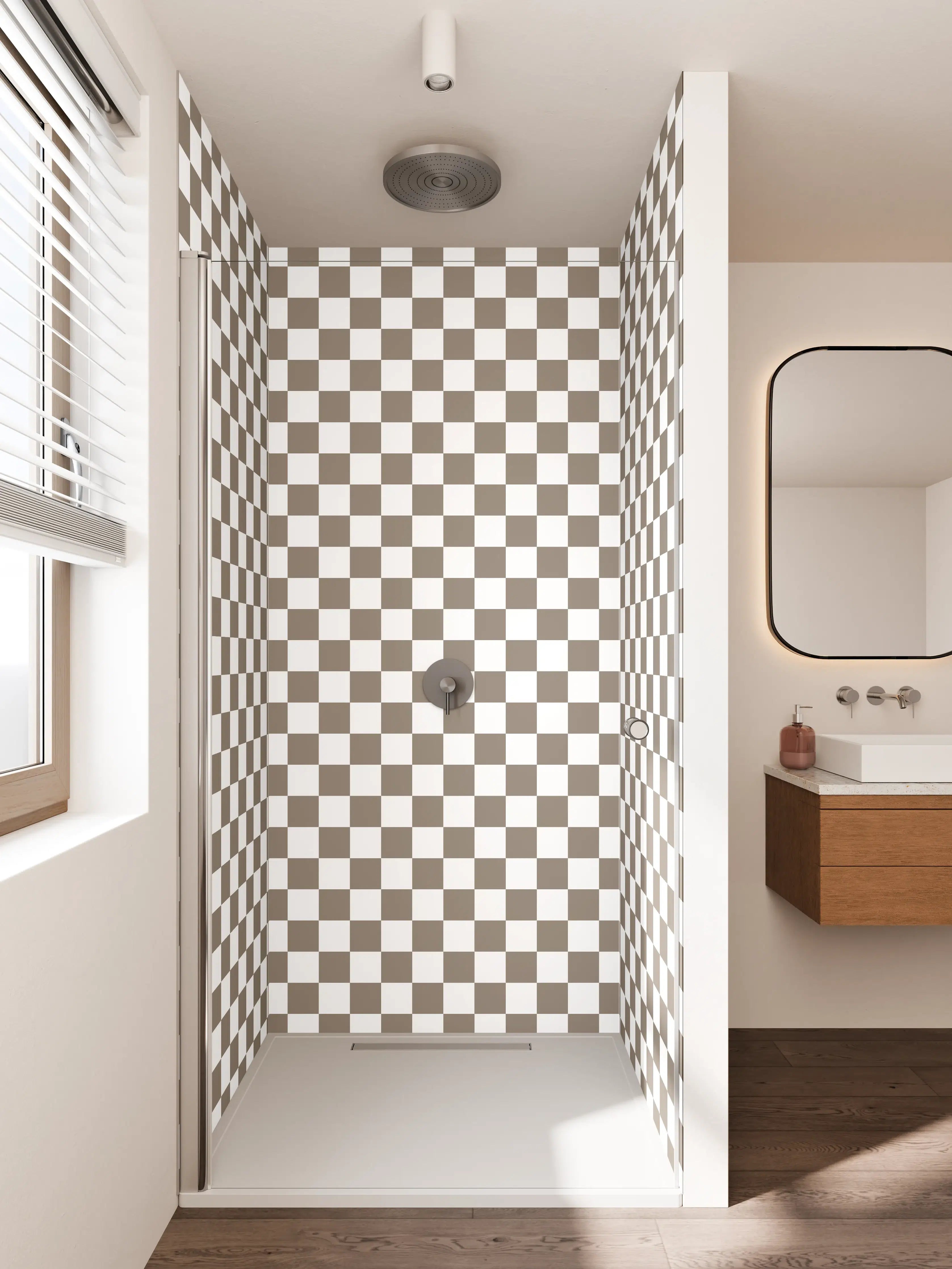 Duschrückwand - Graue Schachmuster in sanften Tönen