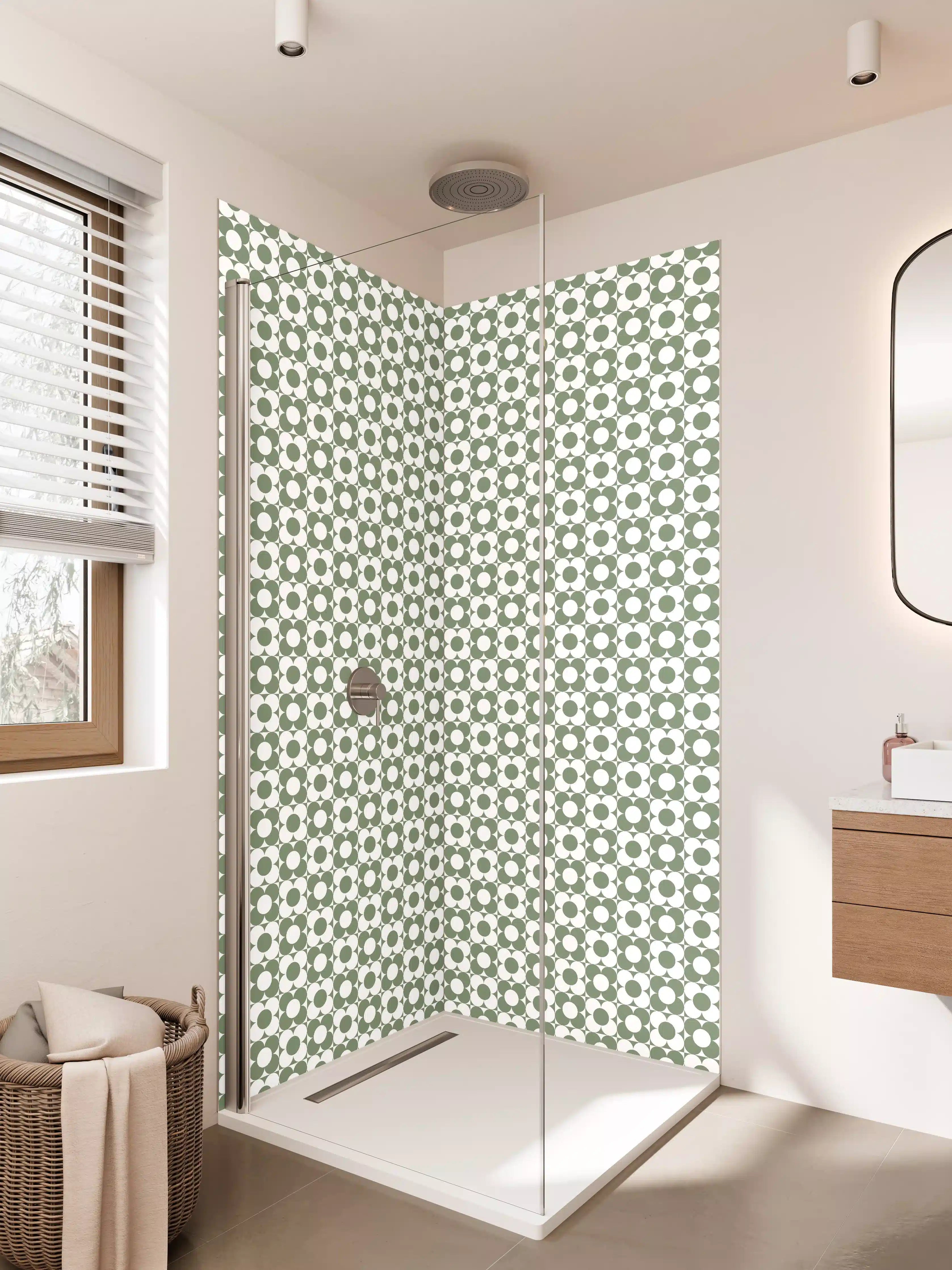 Duschrückwand - Graue Schatten im weißen Geometrie-Muster